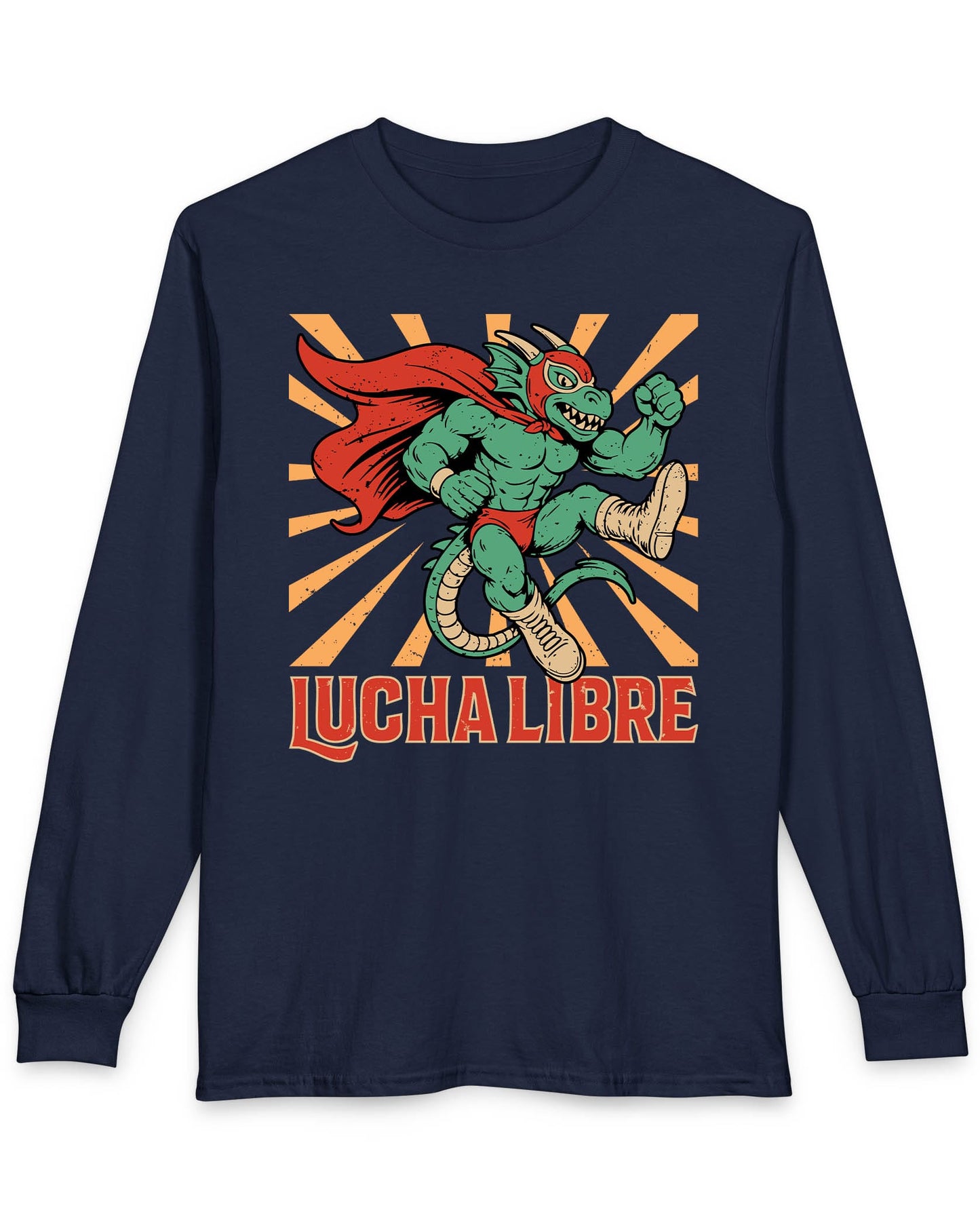 Lucha Libre Dragon shirt in navy featuring a masked dragon wrestler, mid-leap with dynamic sunburst backdrop