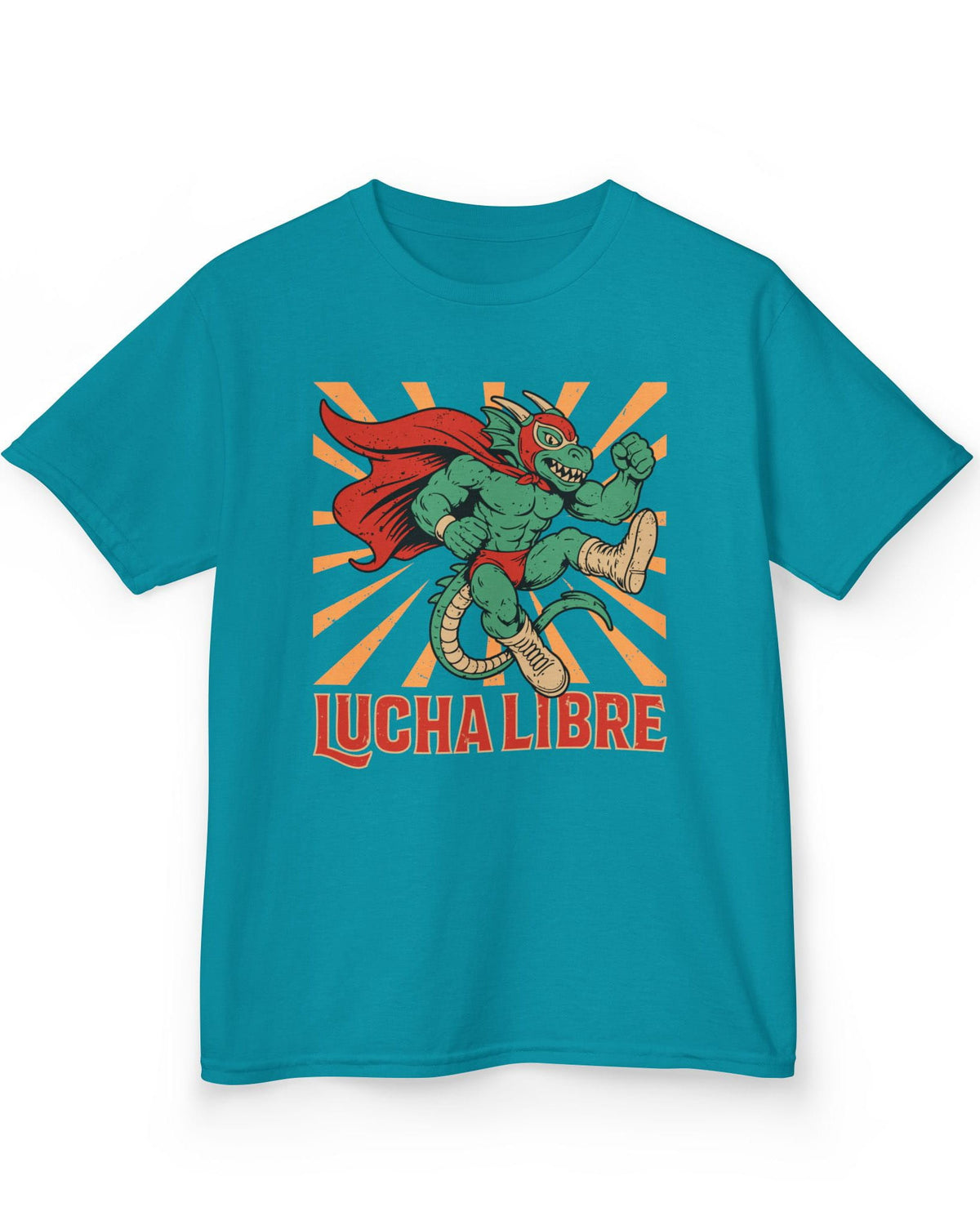 Lucha Libre Dragon shirt in tropical blue featuring a masked dragon wrestler, mid-leap with dynamic sunburst backdrop