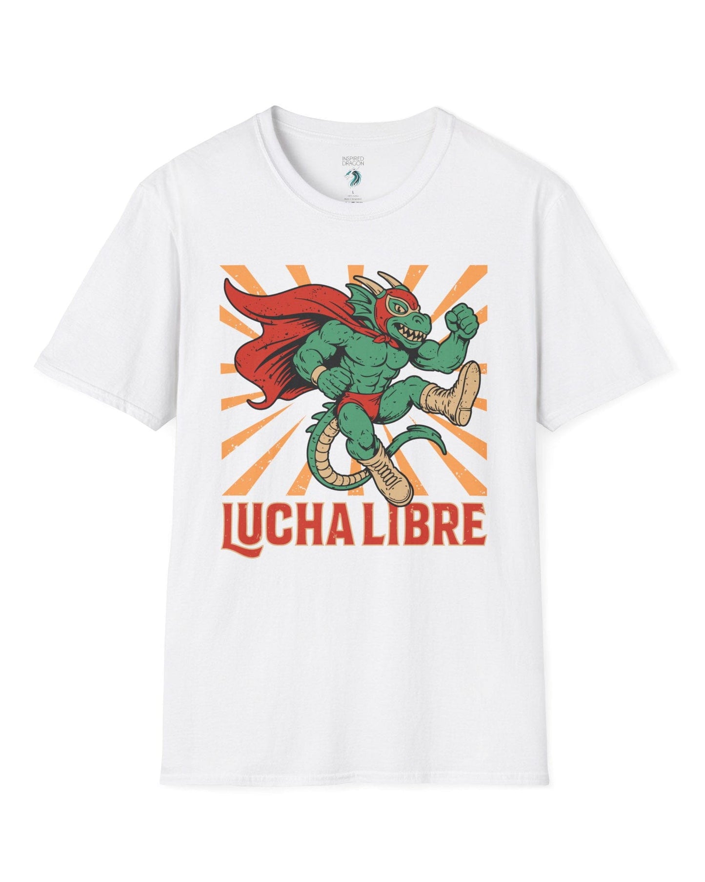 Lucha Libre Dragon shirt in white featuring a masked dragon wrestler, mid-leap with dynamic sunburst backdrop.