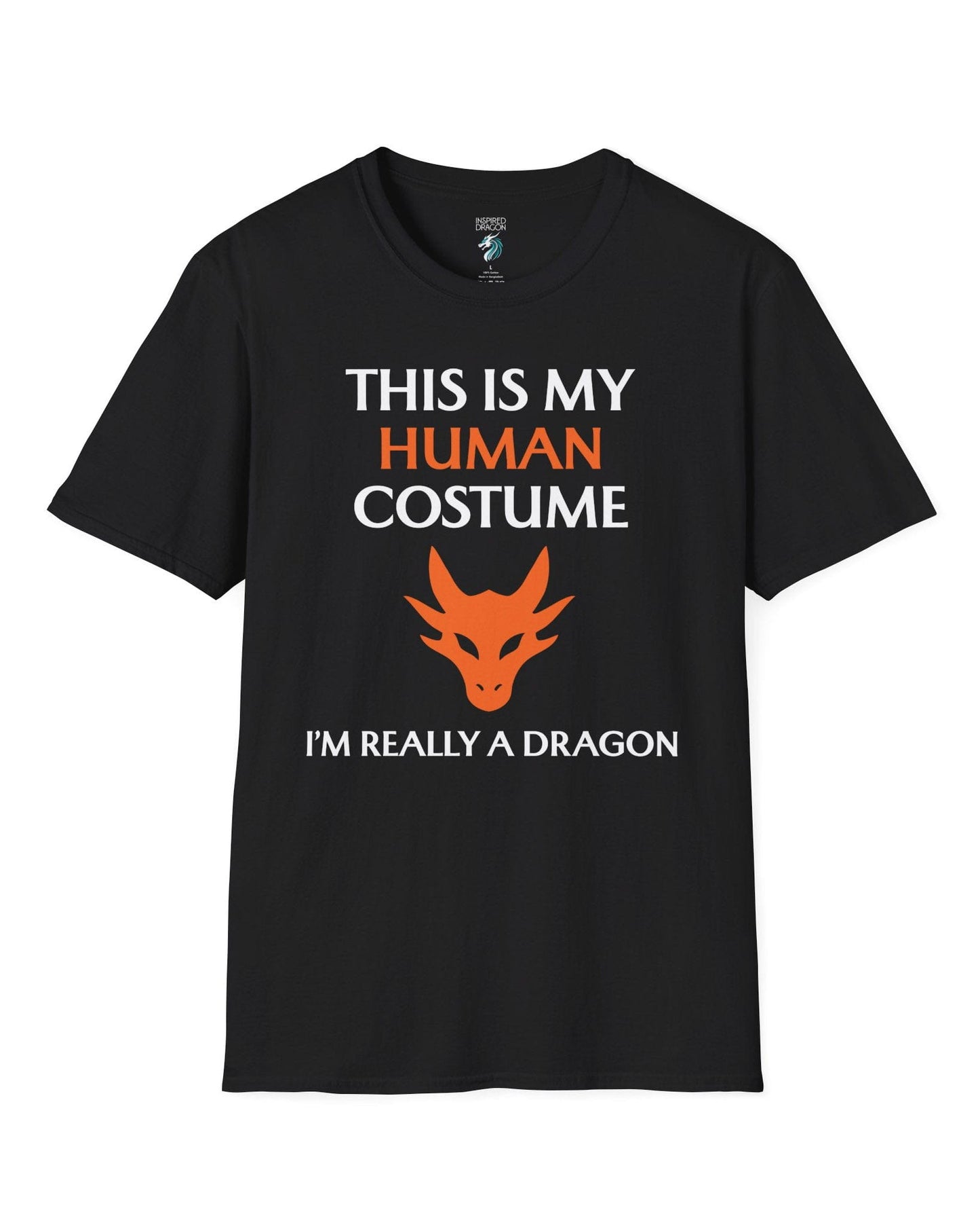 This Is My Human Costume shirt in black featuring bold white and orange text with a stylized orange dragon head.
