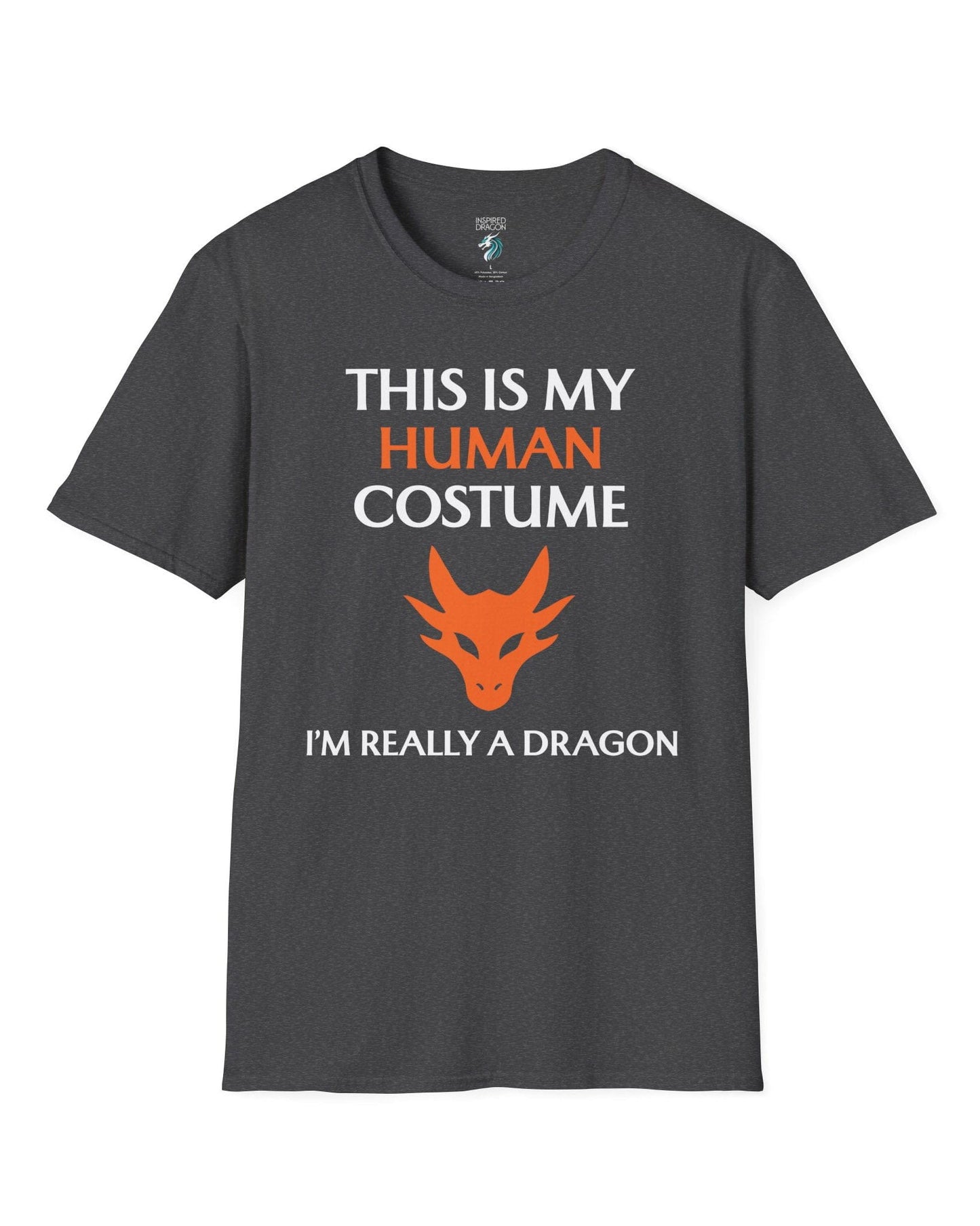 This Is My Human Costume shirt in dark heather grey featuring bold white and orange text with a stylized orange dragon head.