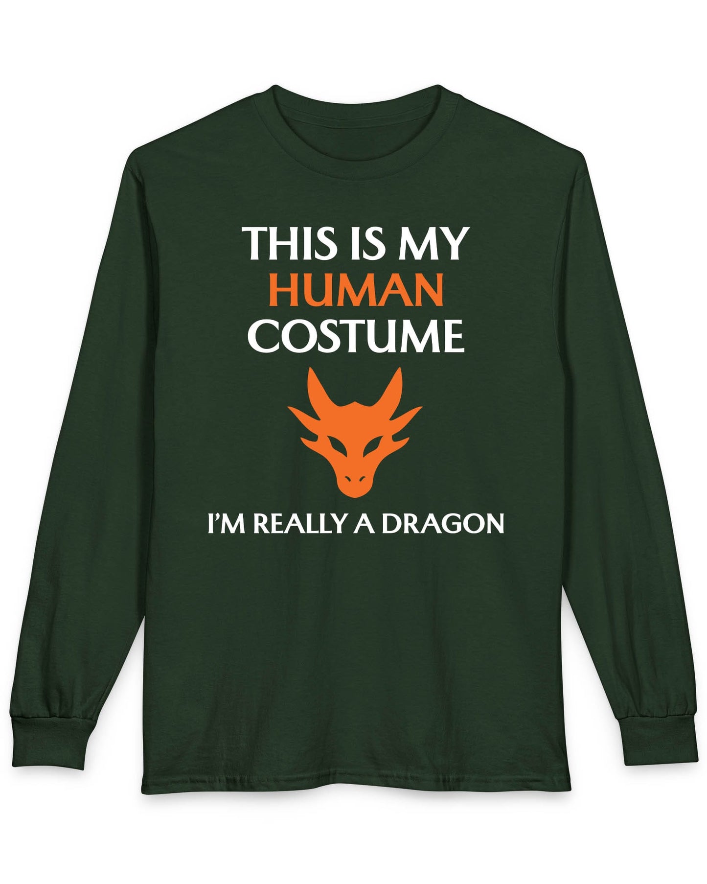 This Is My Human Costume shirt in forest green featuring bold white and orange text with a stylized orange dragon head