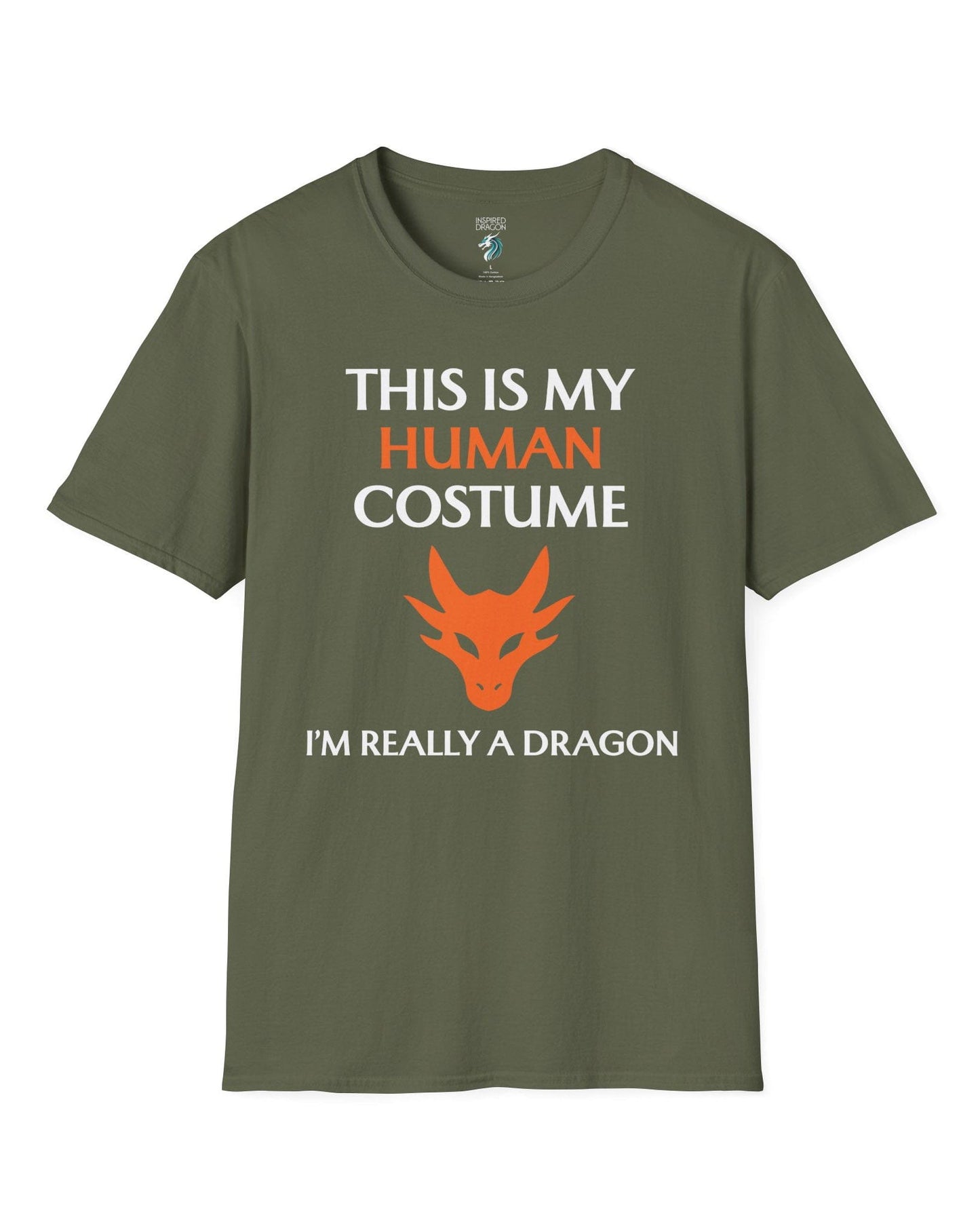 This Is My Human Costume shirt in military green featuring bold white and orange text with a stylized orange dragon head.
