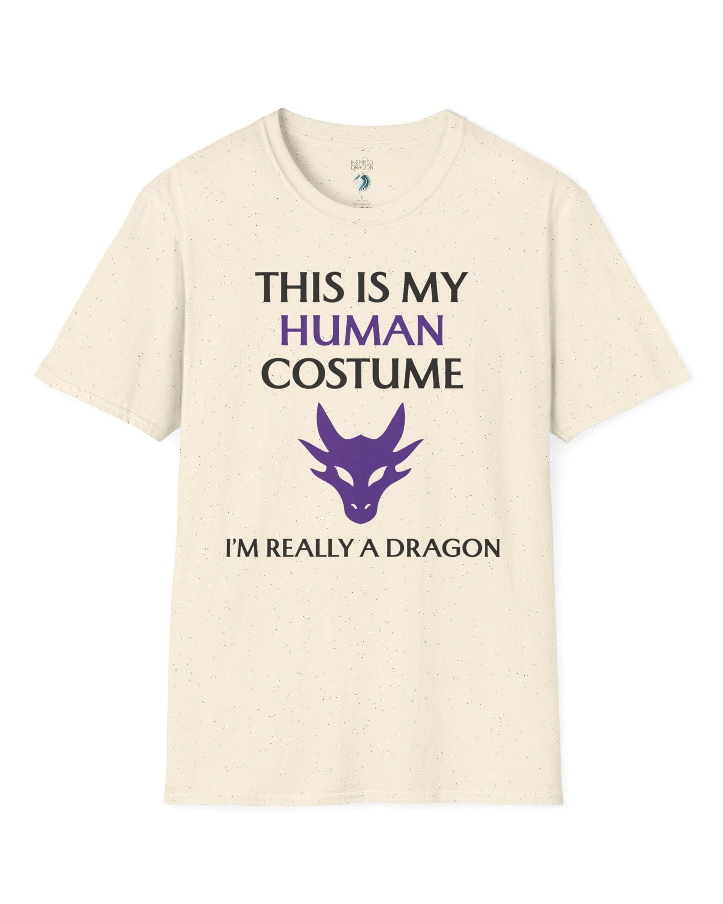 This Is My Human Costume shirt in natural featuring bold black and purple text with a stylized purple dragon head.