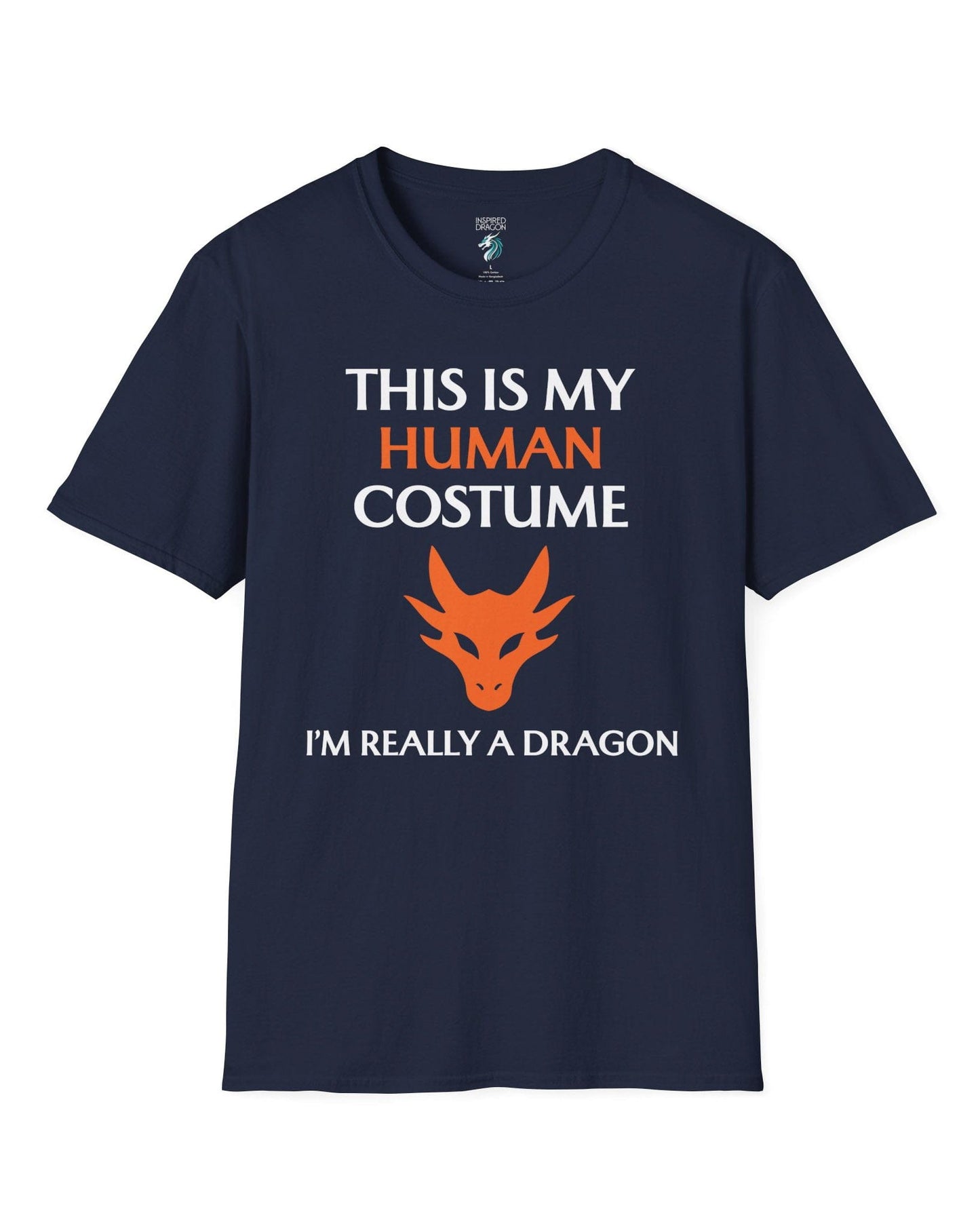 This Is My Human Costume shirt in navy featuring bold white and orange text with a stylized orange dragon head.