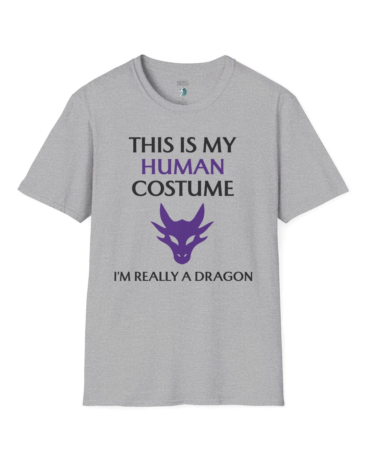 This Is My Human Costume shirt in sport grey featuring bold black and purple text with a stylized purple dragon head.