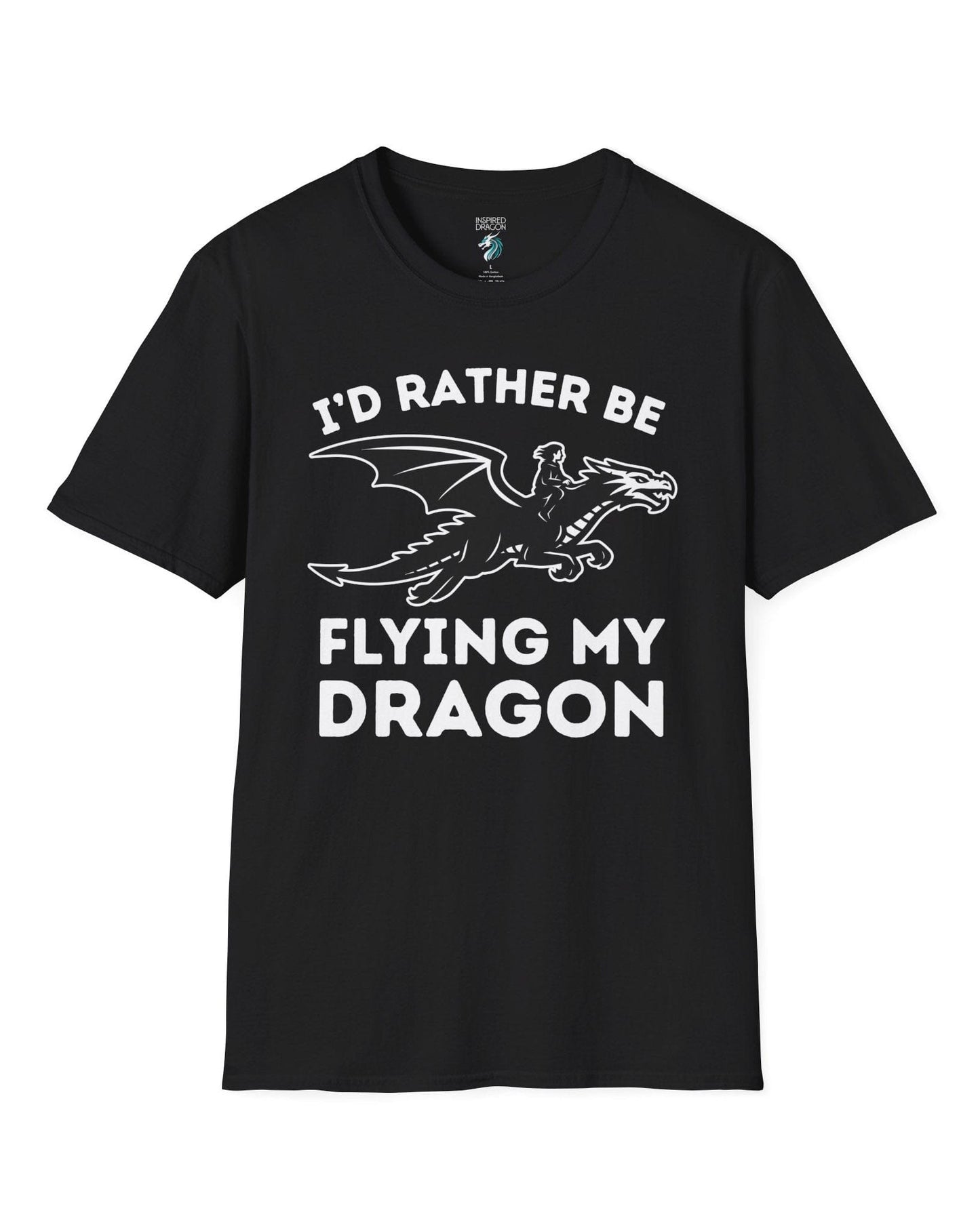 I'd Rather Be Flying My Dragon shirt in black featuring a rider soaring on a black dragon silhouette.