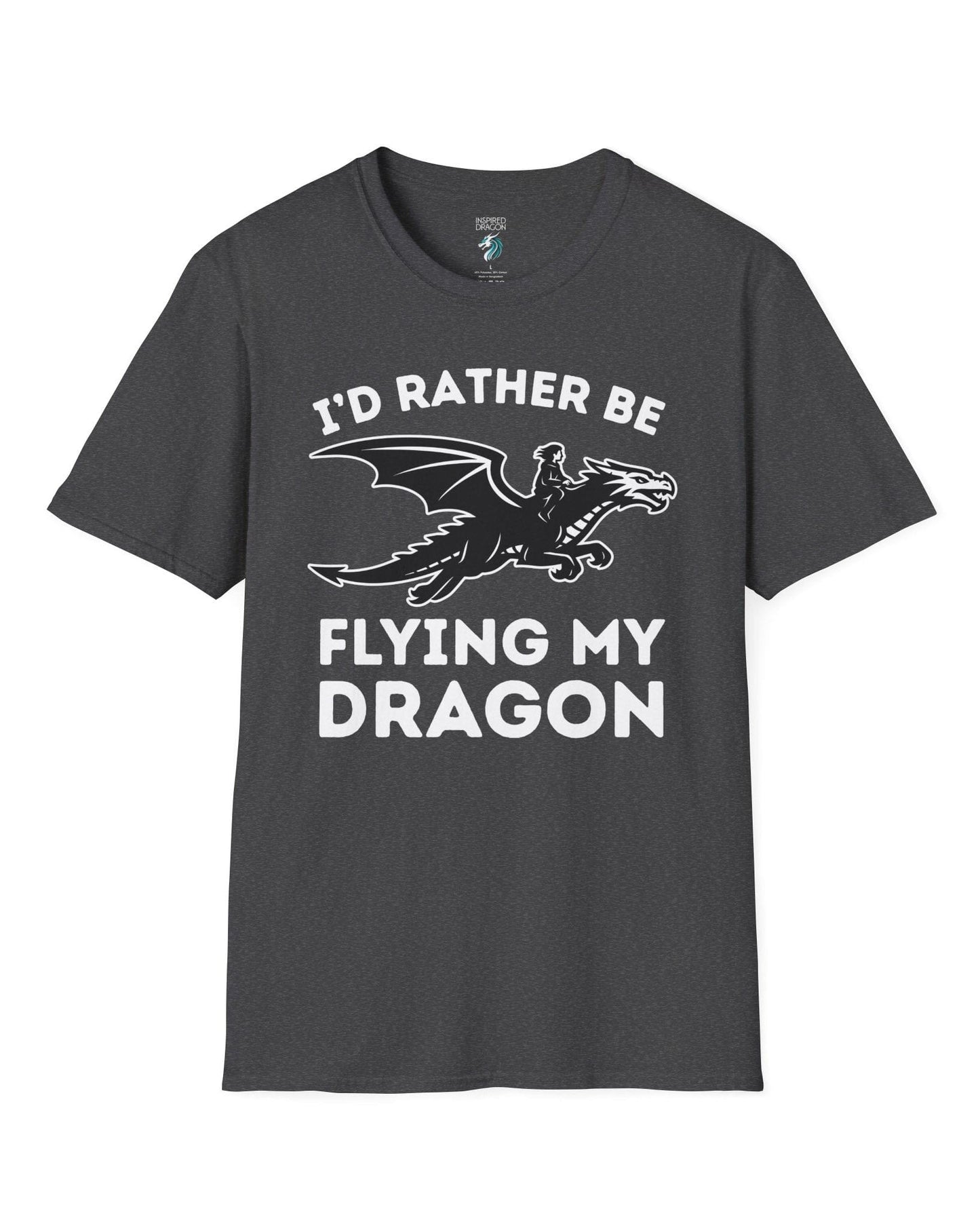 I'd Rather Be Flying My Dragon shirt in dark heather grey featuring a rider soaring on a black dragon silhouette.
