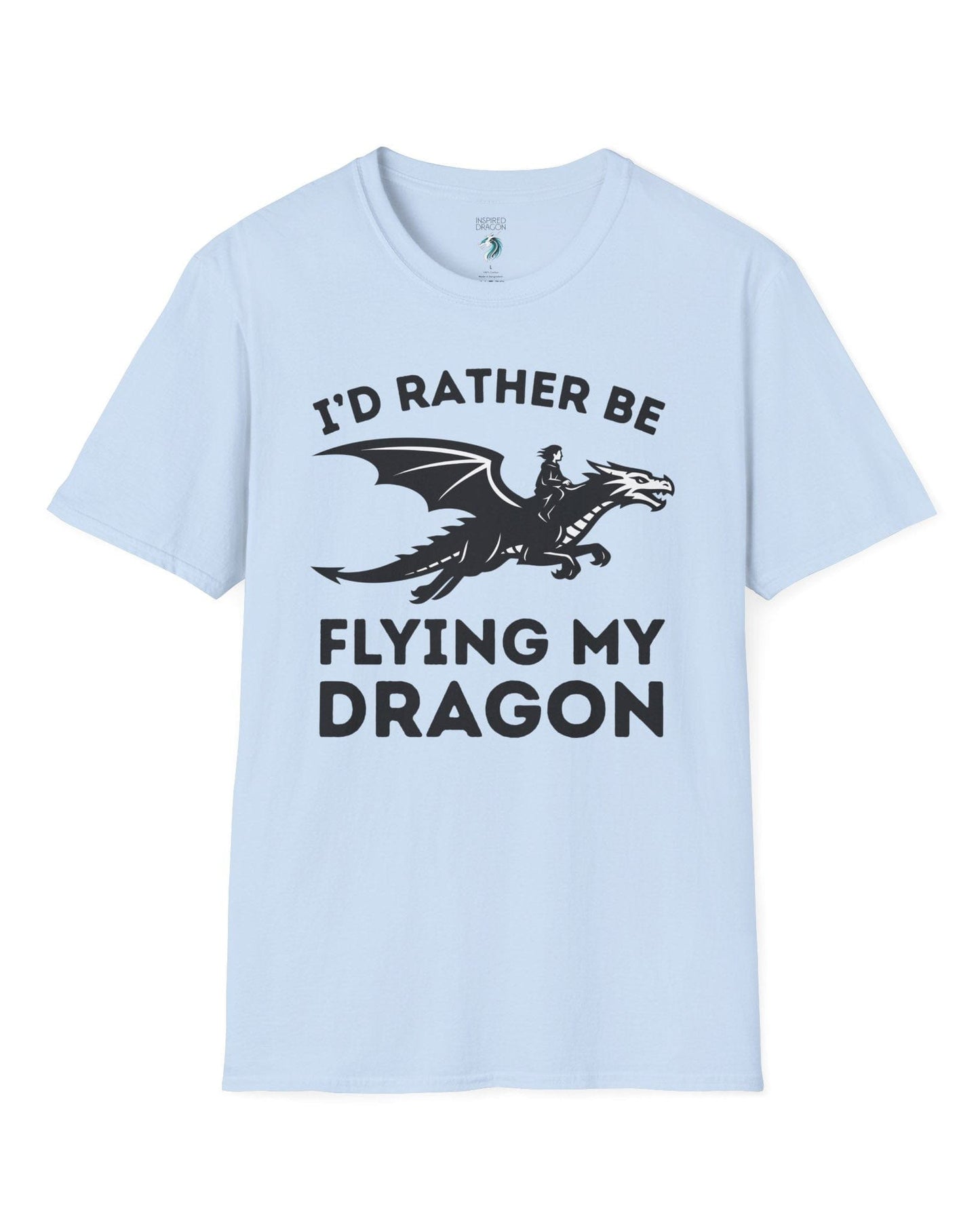 I'd Rather Be Flying My Dragon shirt in light blue featuring a rider soaring on a black dragon silhouette.