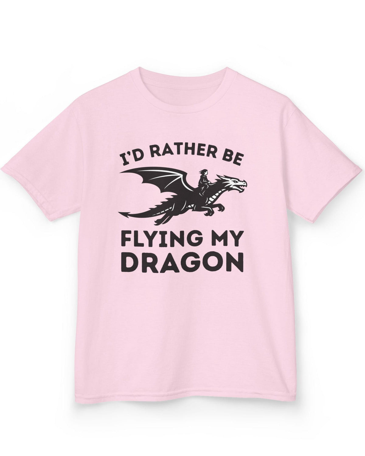 I'd Rather Be Flying My Dragon shirt in light pink featuring a rider soaring on a black dragon silhouette.