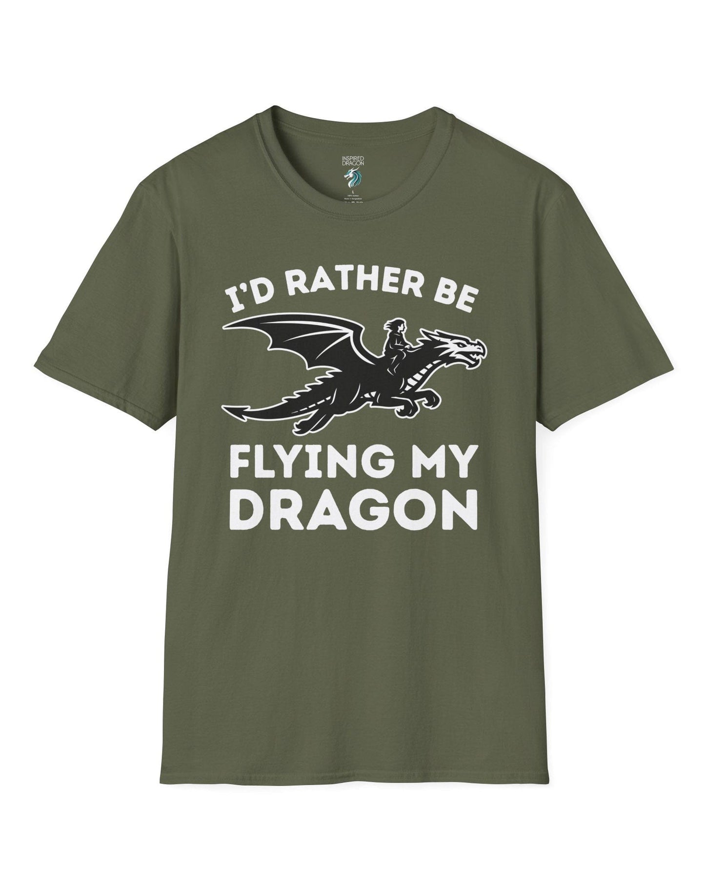 I'd Rather Be Flying My Dragon shirt in military green featuring a rider soaring on a black dragon silhouette.