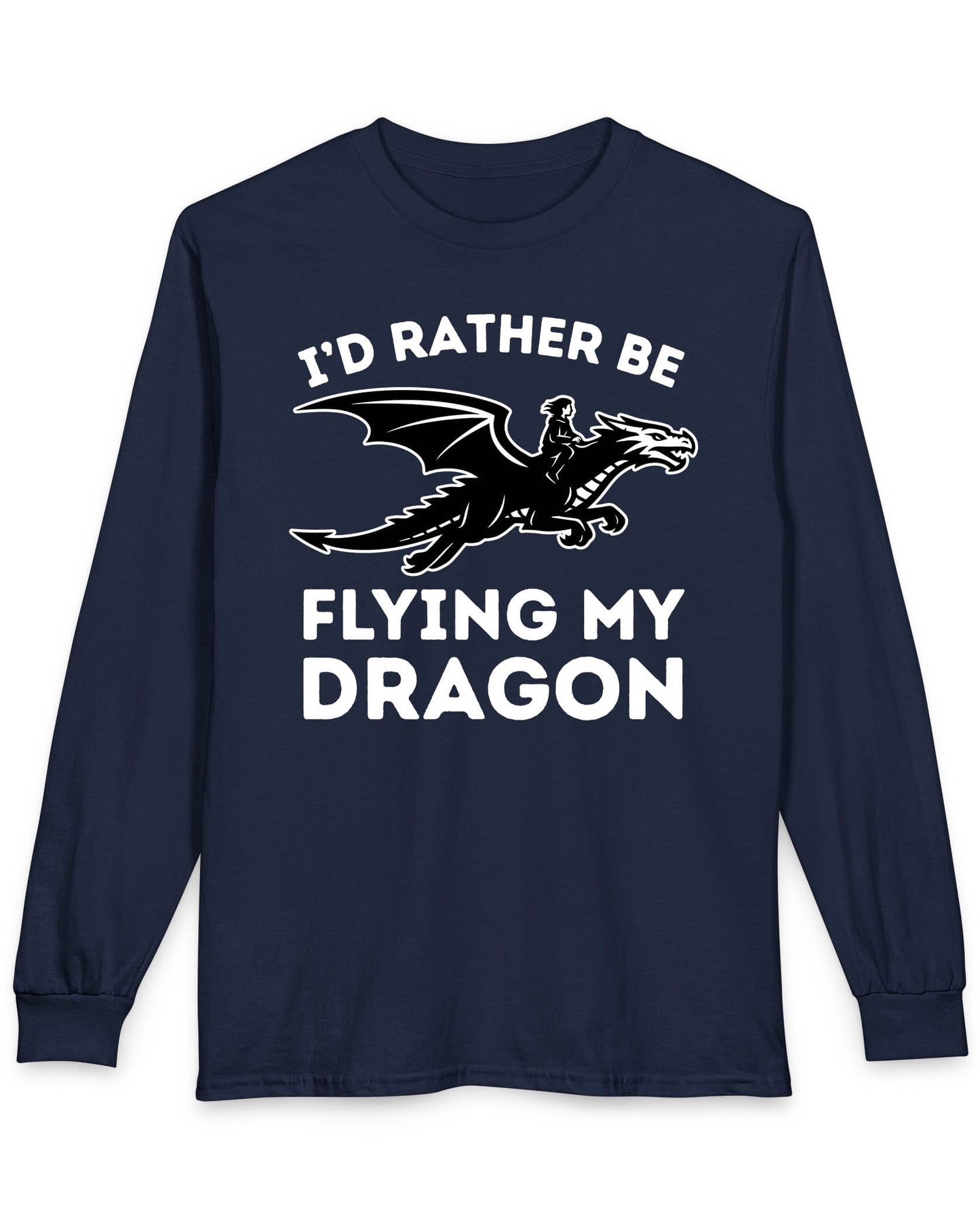 I'd Rather Be Flying My Dragon shirt in navy featuring a rider soaring on a black dragon silhouette