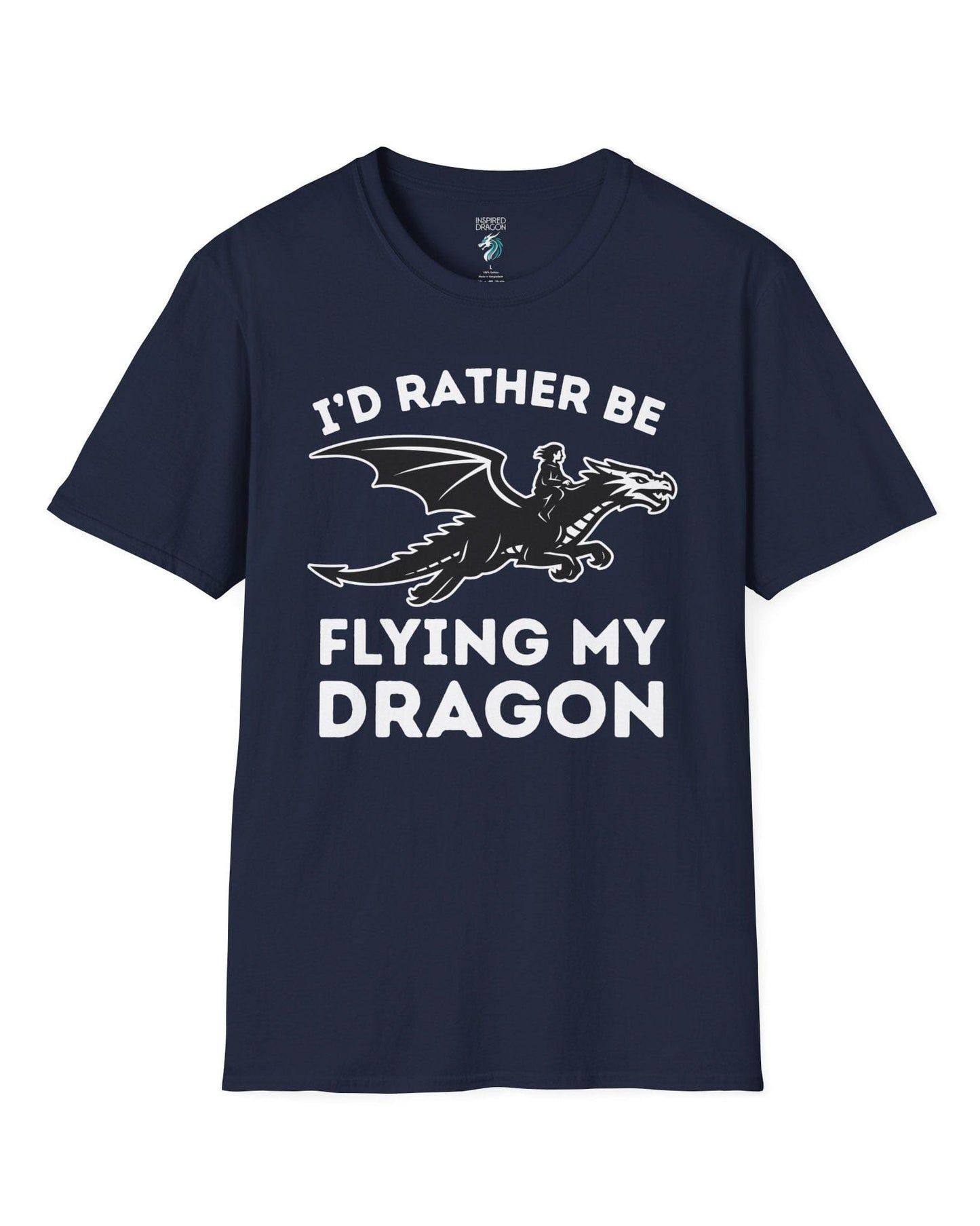 I'd Rather Be Flying My Dragon shirt in navy featuring a rider soaring on a black dragon silhouette.