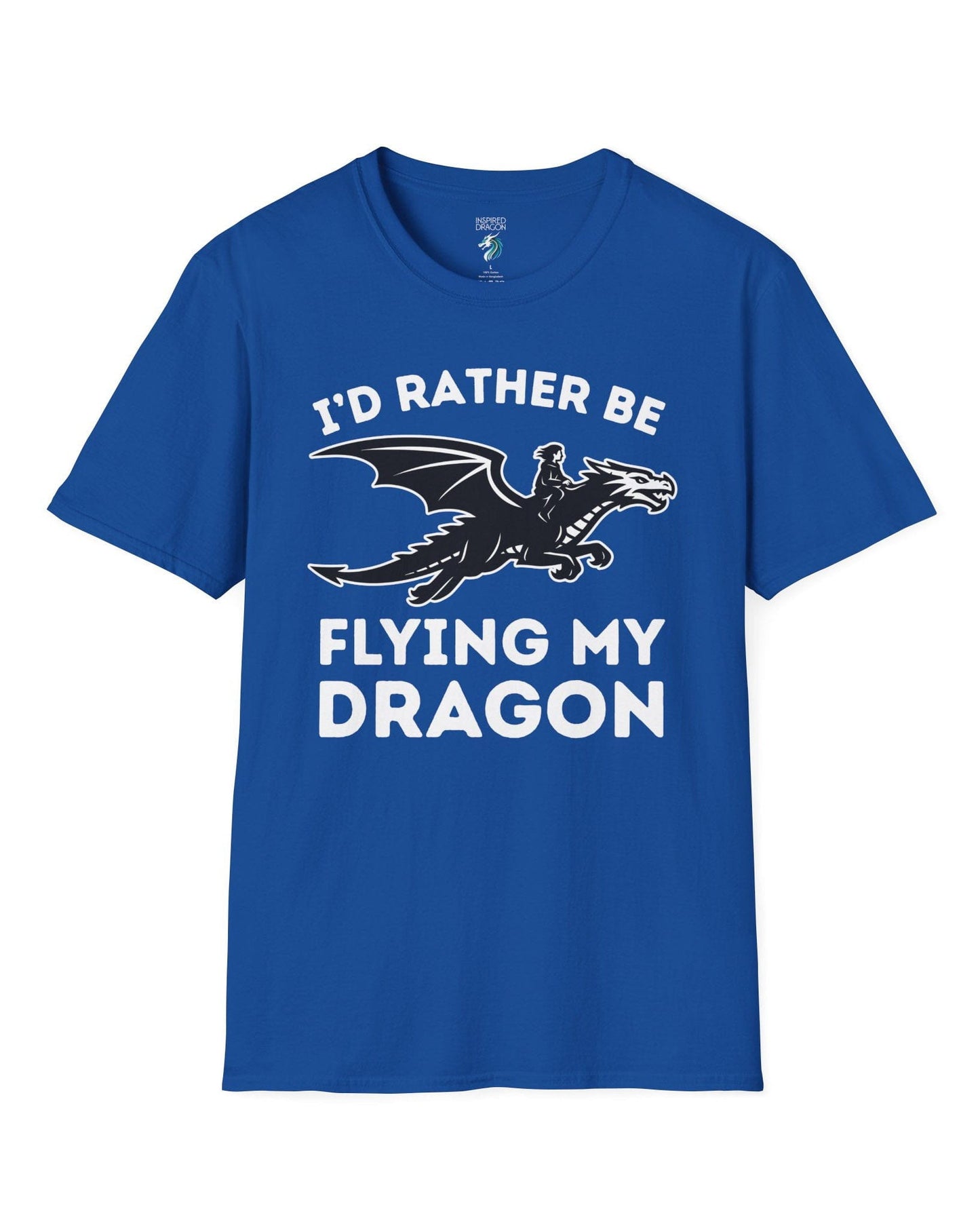 I'd Rather Be Flying My Dragon shirt in royal blue featuring a rider soaring on a black dragon silhouette.