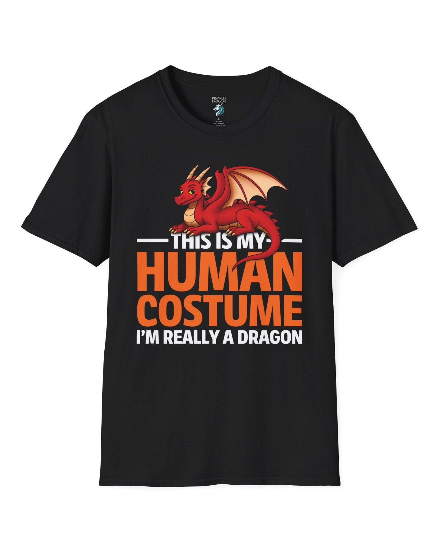 This Is My Human Costume shirt in black featuring a playful red dragon lounging above bold orange text.