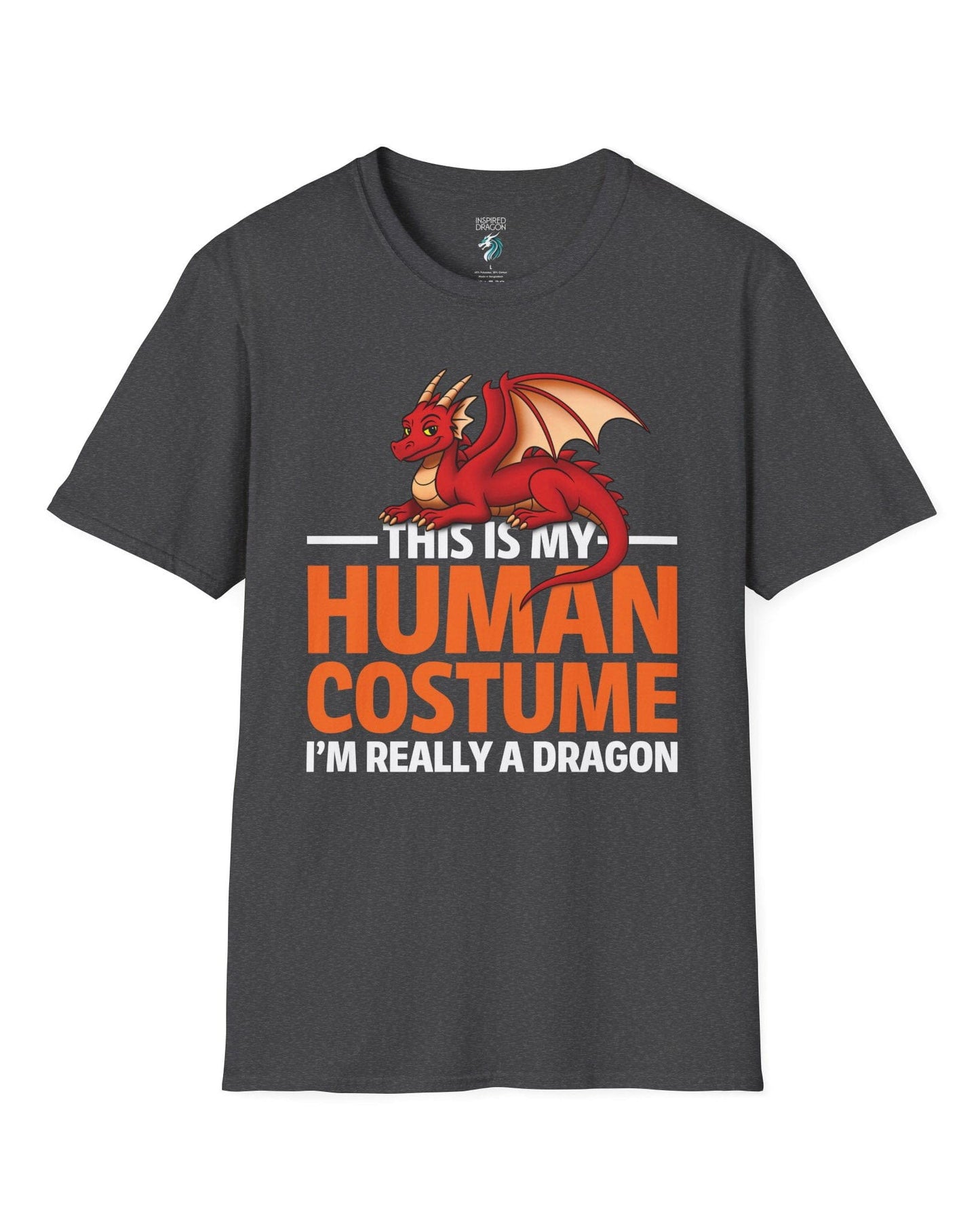 This Is My Human Costume shirt in dark heather grey featuring a playful red dragon lounging above bold orange text.
