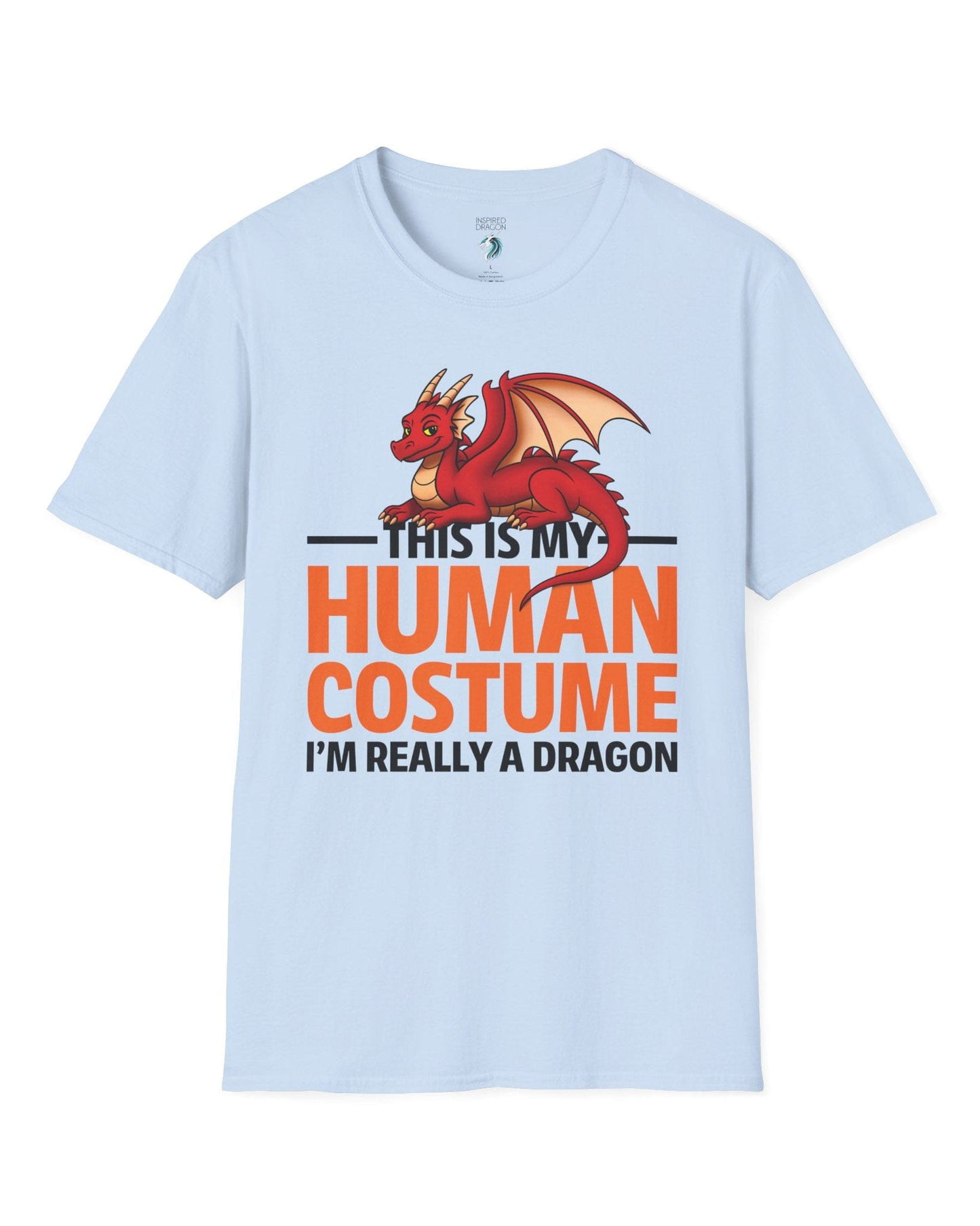 This Is My Human Costume shirt in light blue featuring a playful red dragon lounging above bold orange text.