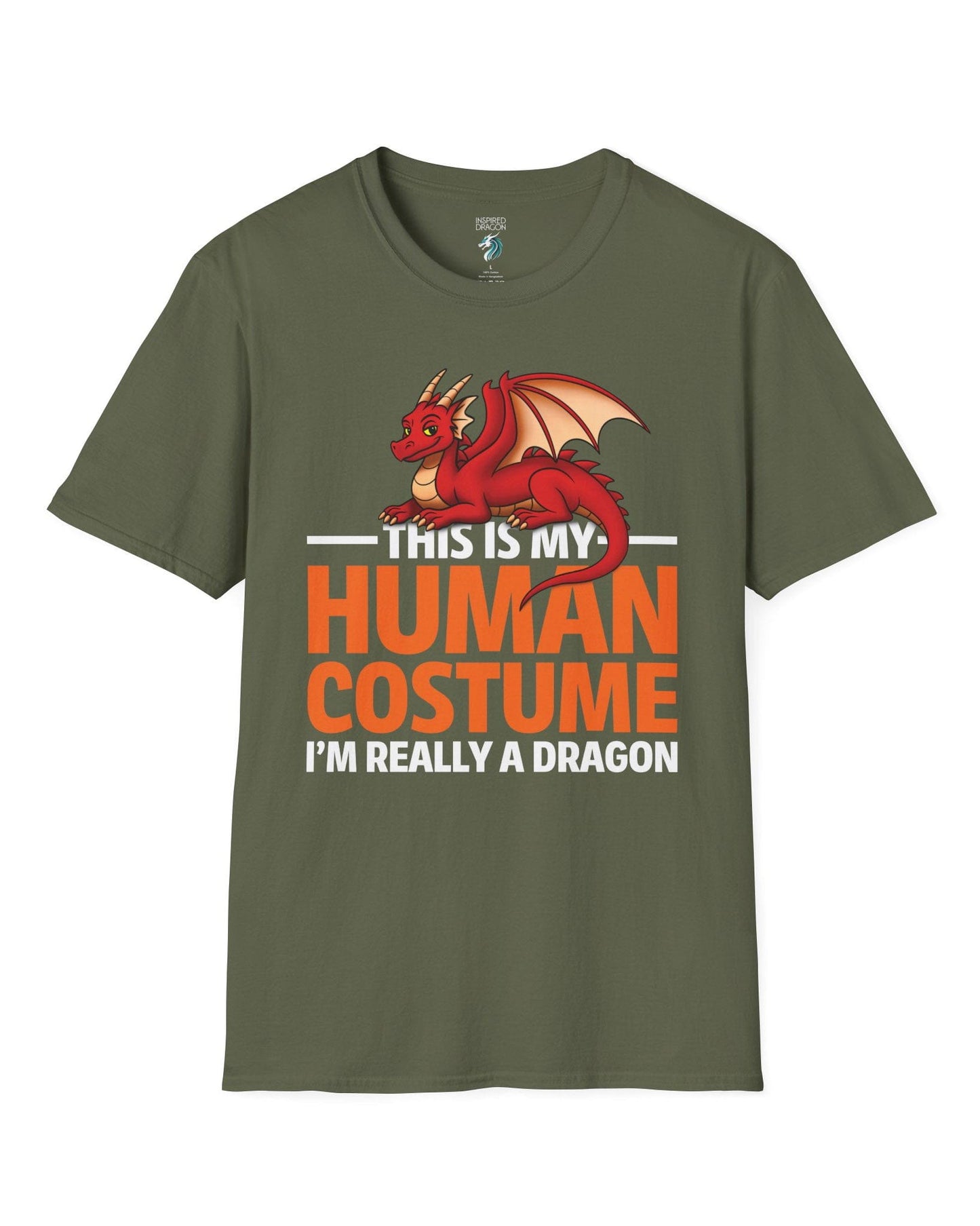 This Is My Human Costume shirt in military green featuring a playful red dragon lounging above bold orange text.