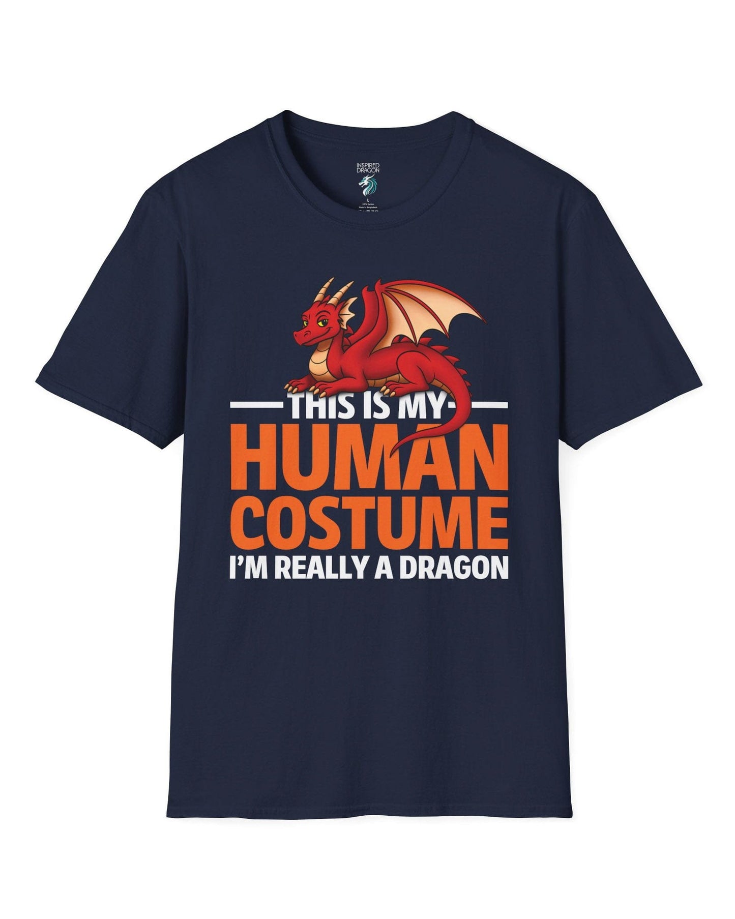 This Is My Human Costume shirt in navy featuring a playful red dragon lounging above bold orange text.