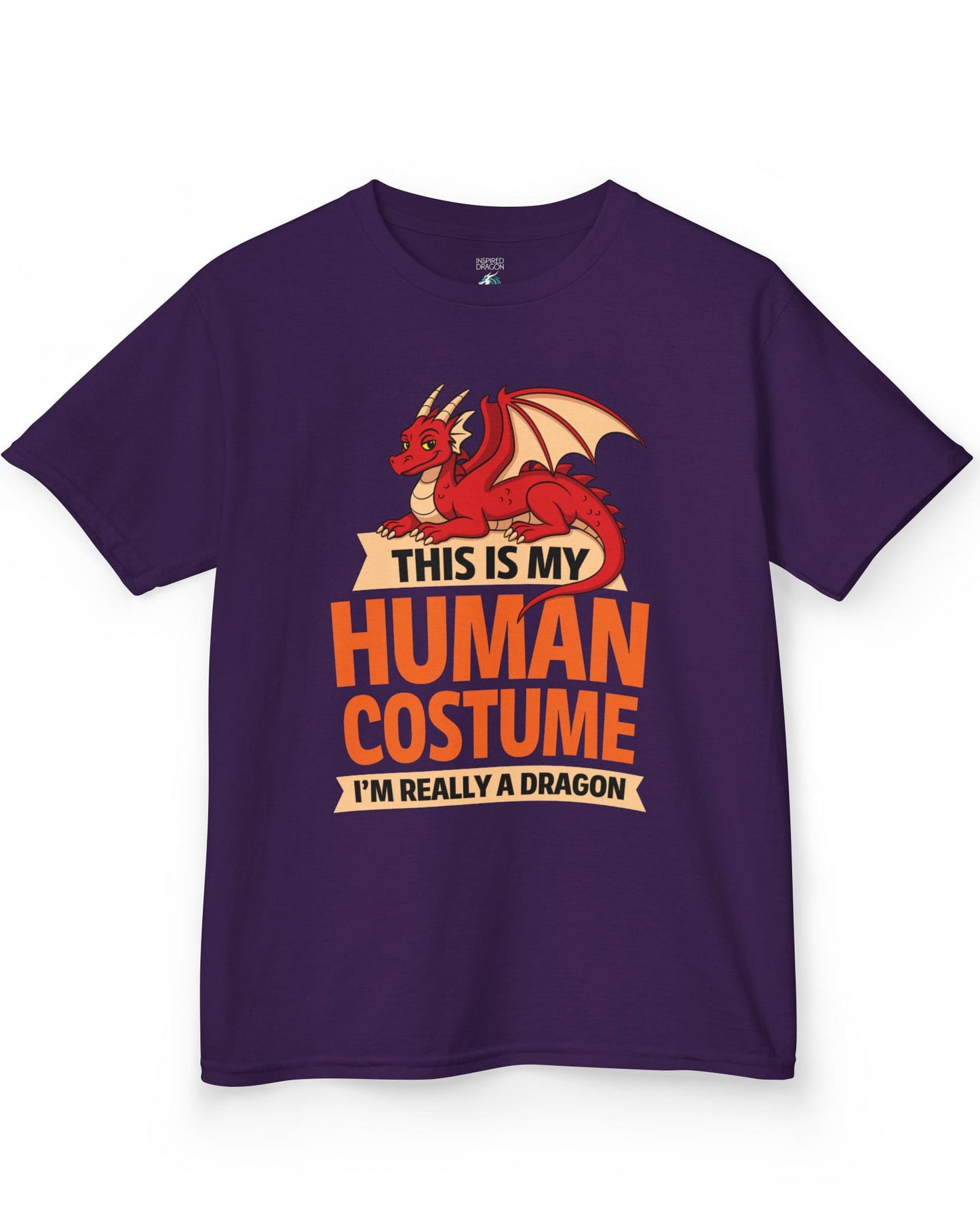 This Is My Human Costume shirt in purple featuring a playful red dragon lounging above bold orange text