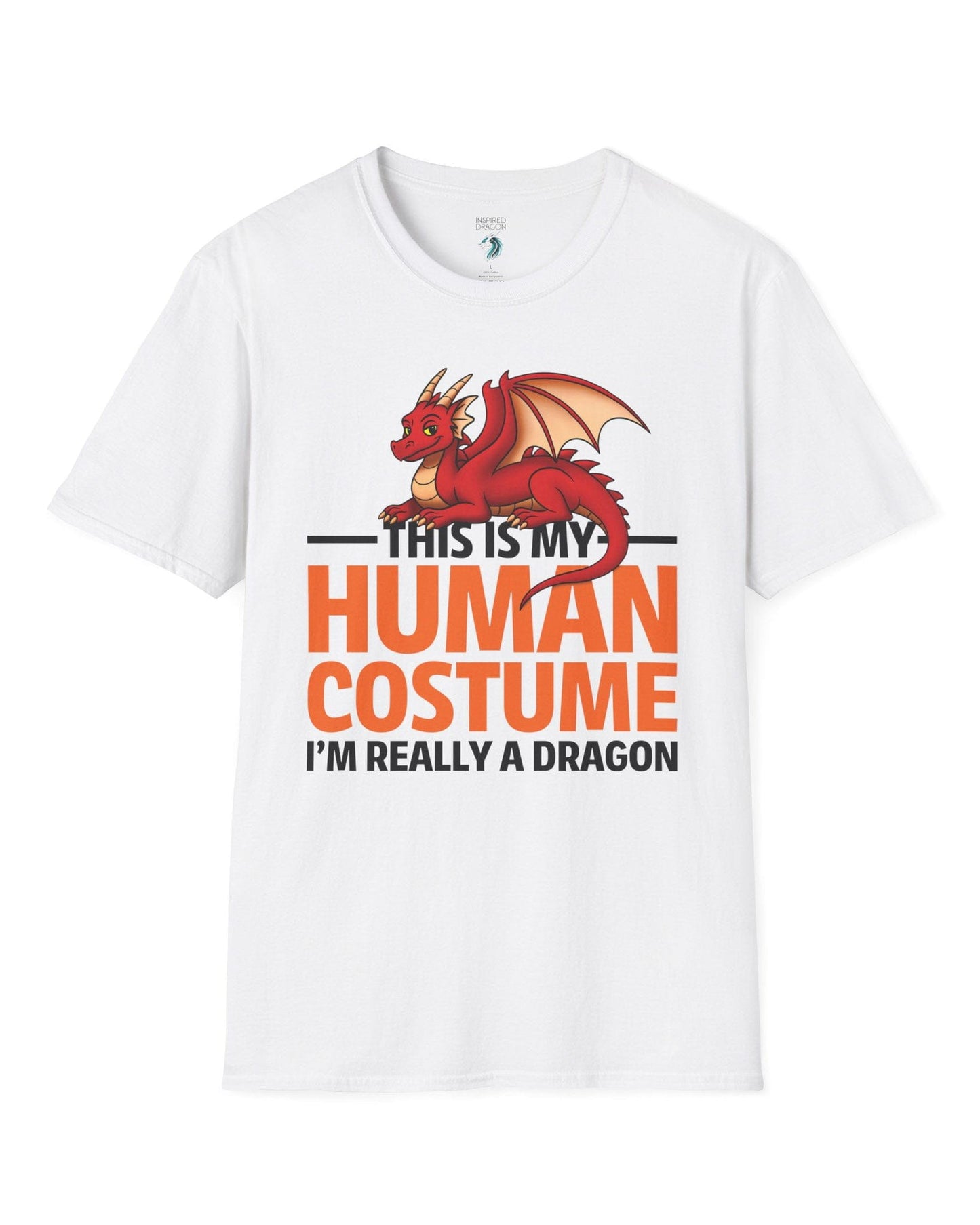 This Is My Human Costume shirt in white featuring a playful red dragon lounging above bold orange text.