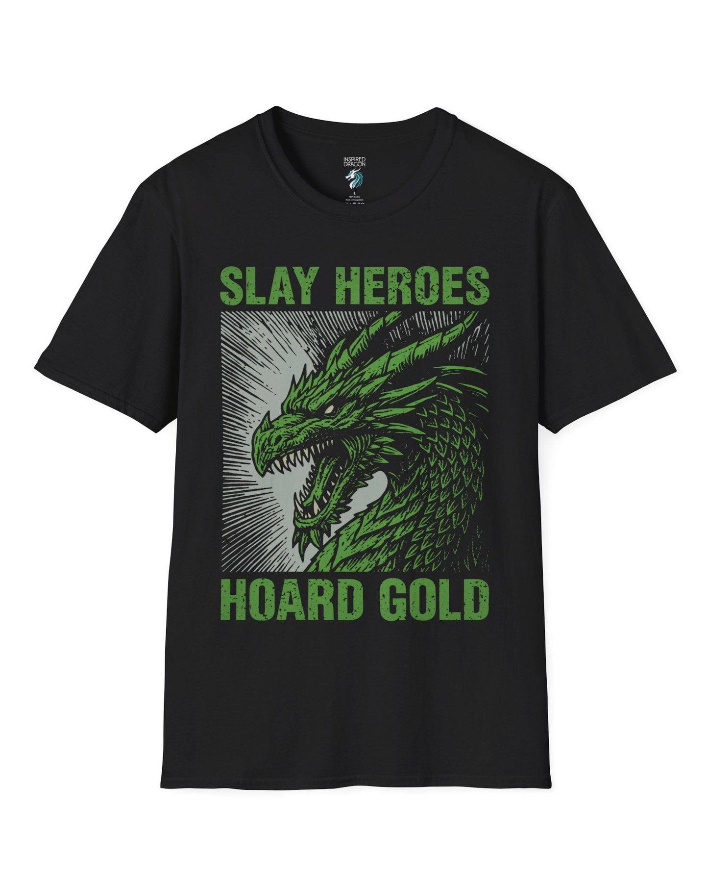 Slay Heroes, Hoard Gold shirt in black featuring a fierce green dragon illustration in bold, distressed graphic style.