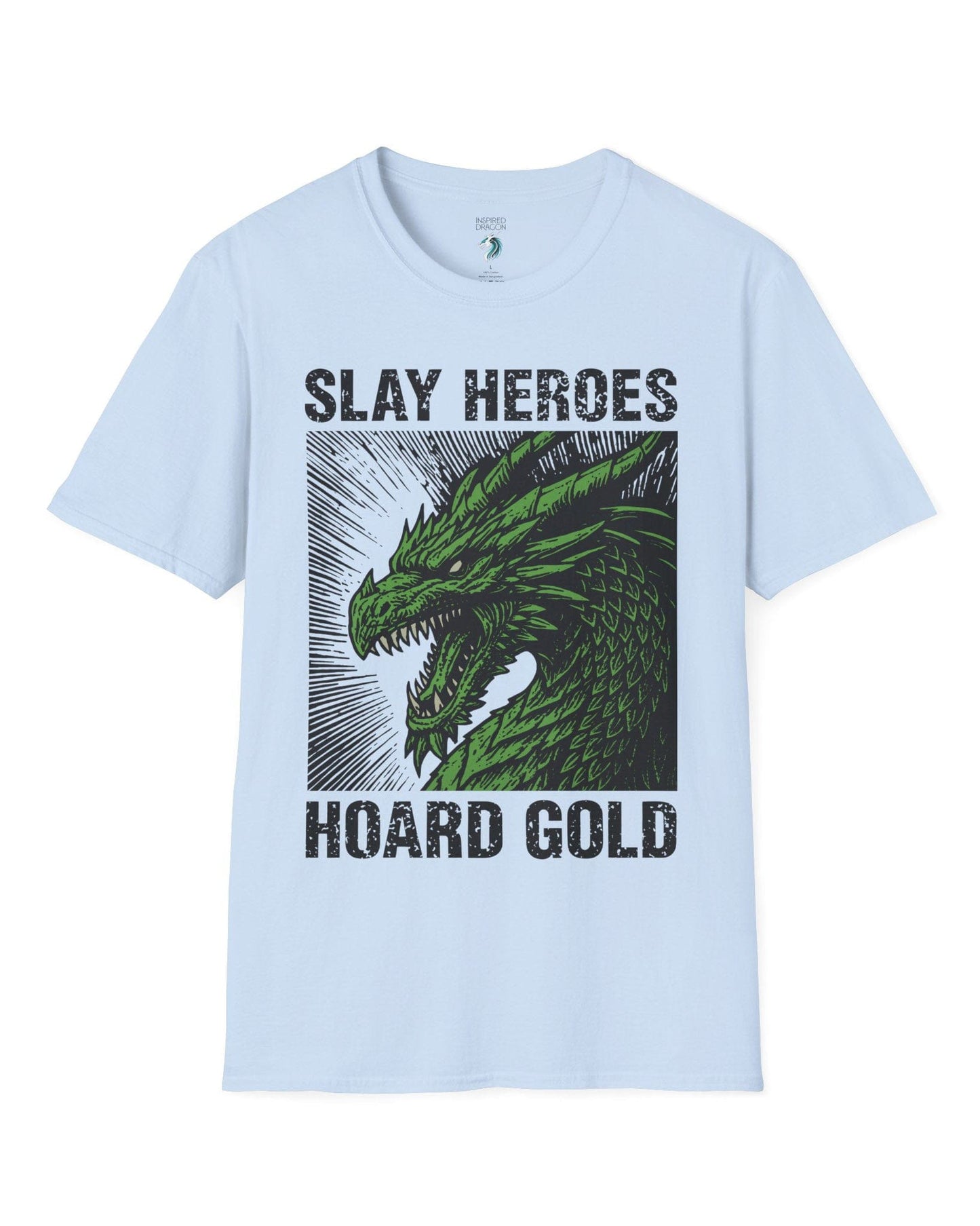 Slay Heroes, Hoard Gold shirt in light blue featuring a fierce green dragon illustration in bold, distressed graphic style.