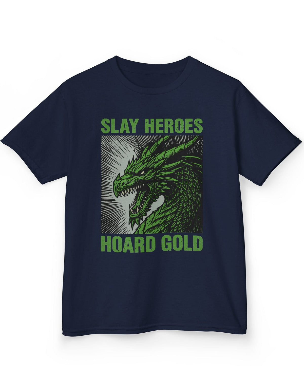 Slay Heroes, Hoard Gold shirt in navy featuring a fierce green dragon illustration in bold, distressed graphic style