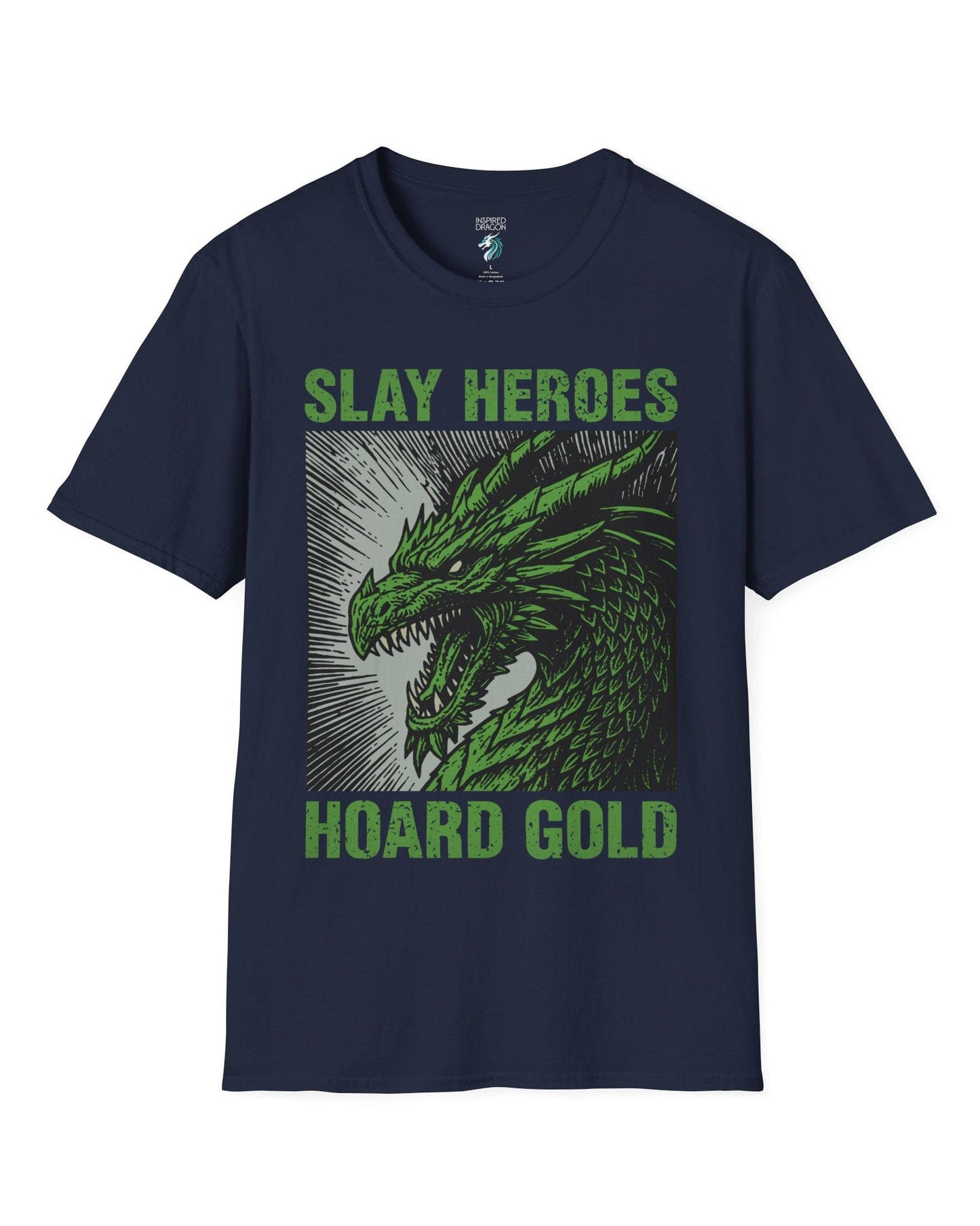 Slay Heroes, Hoard Gold shirt in navy featuring a fierce green dragon illustration in bold, distressed graphic style.