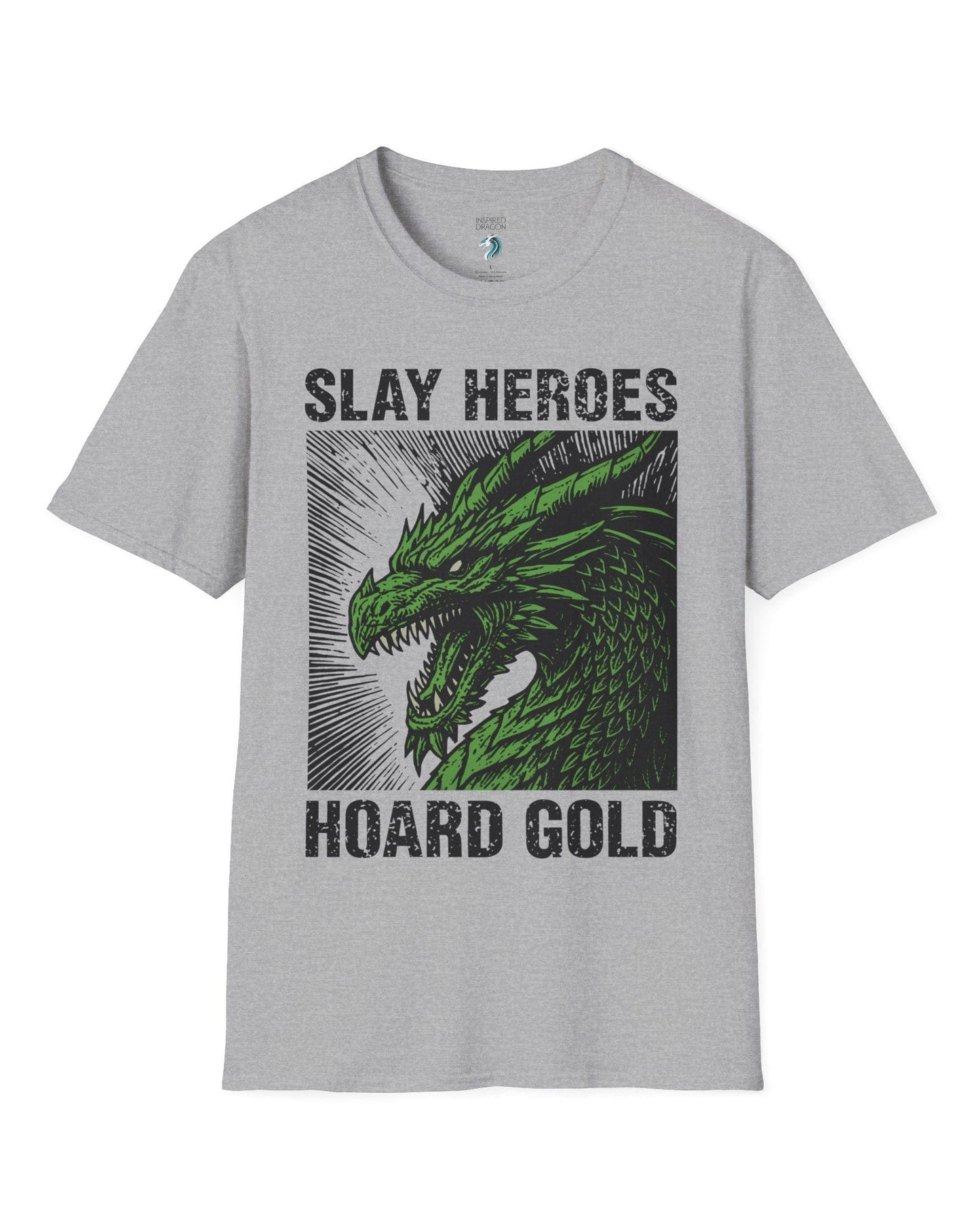 Slay Heroes, Hoard Gold shirt in sport grey featuring a fierce green dragon illustration in bold, distressed graphic style.