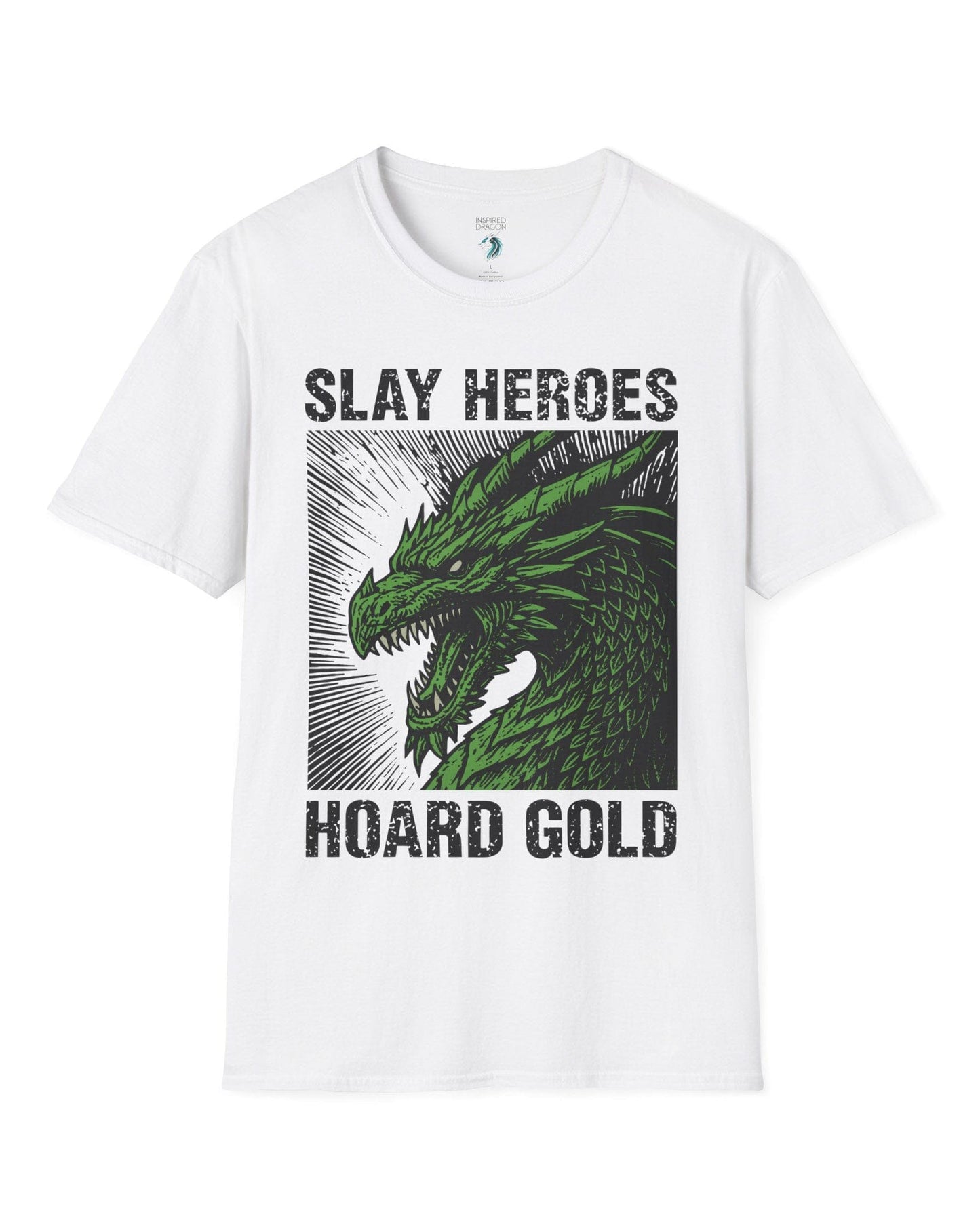 Slay Heroes, Hoard Gold shirt in white featuring a fierce green dragon illustration in bold, distressed graphic style.