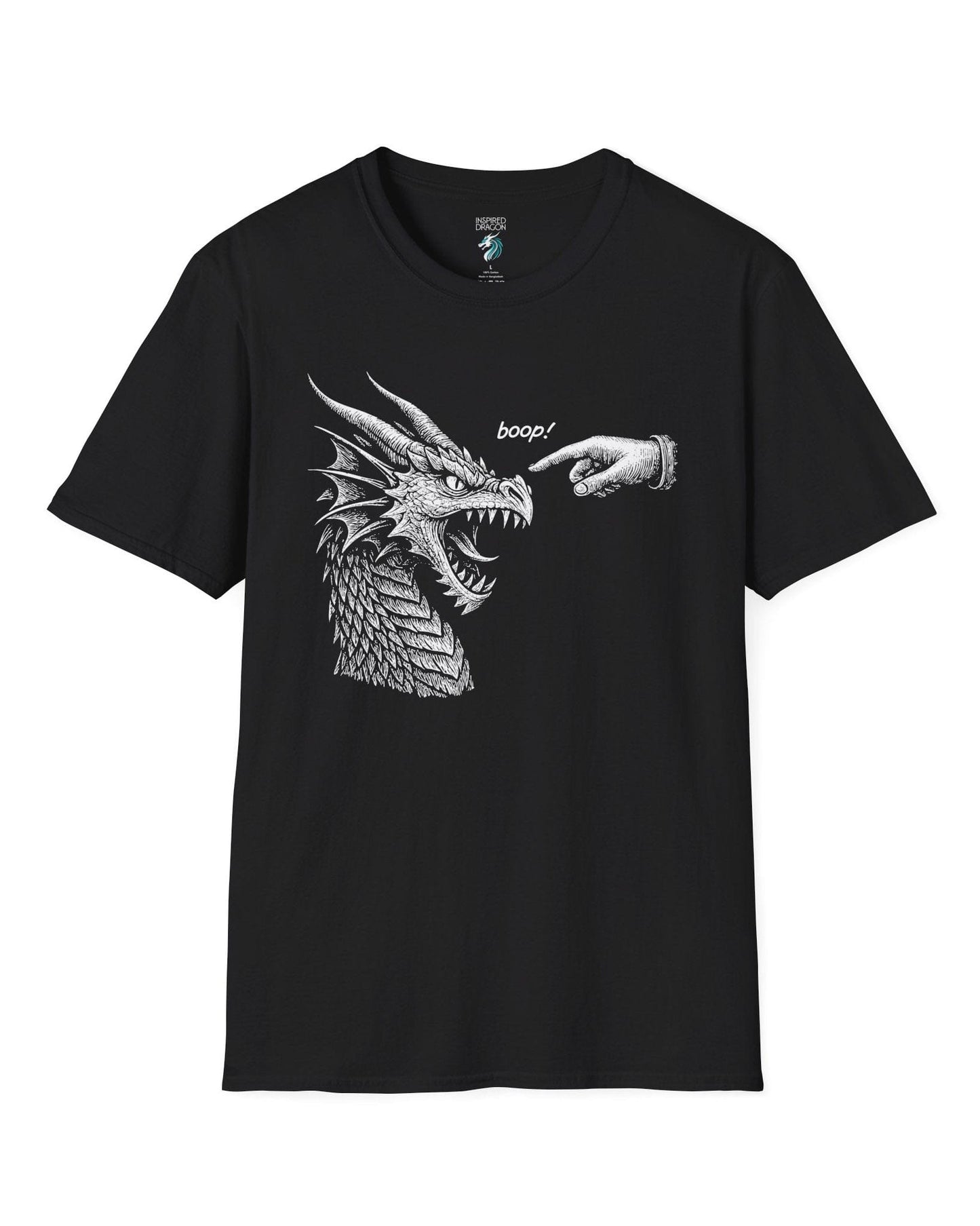 Boop! shirt in black featuring a detailed snarling dragon being playfully tapped on the nose by a pointing hand.