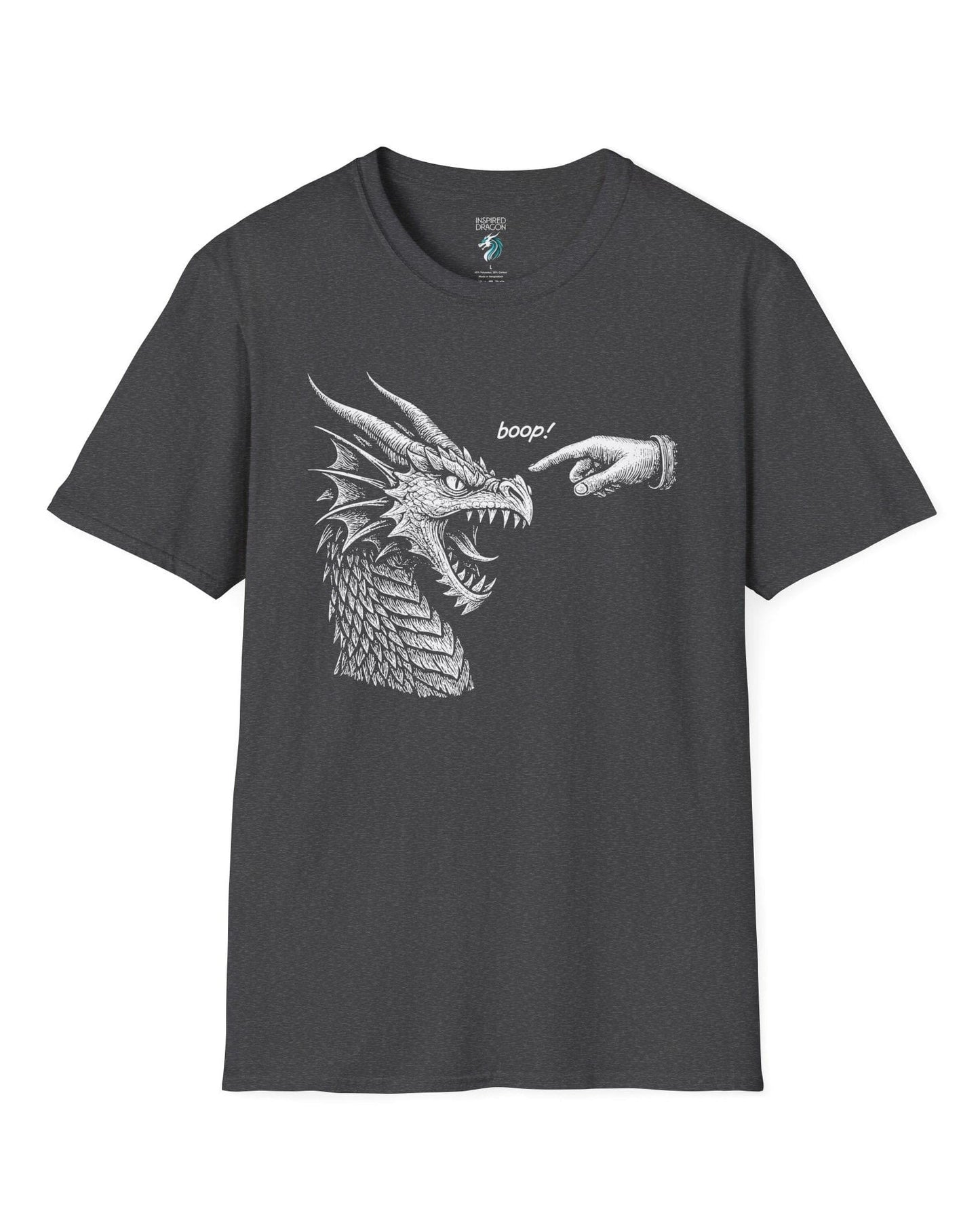 Boop! shirt in dark heather grey featuring a detailed snarling dragon being playfully tapped on the nose by a pointing hand.