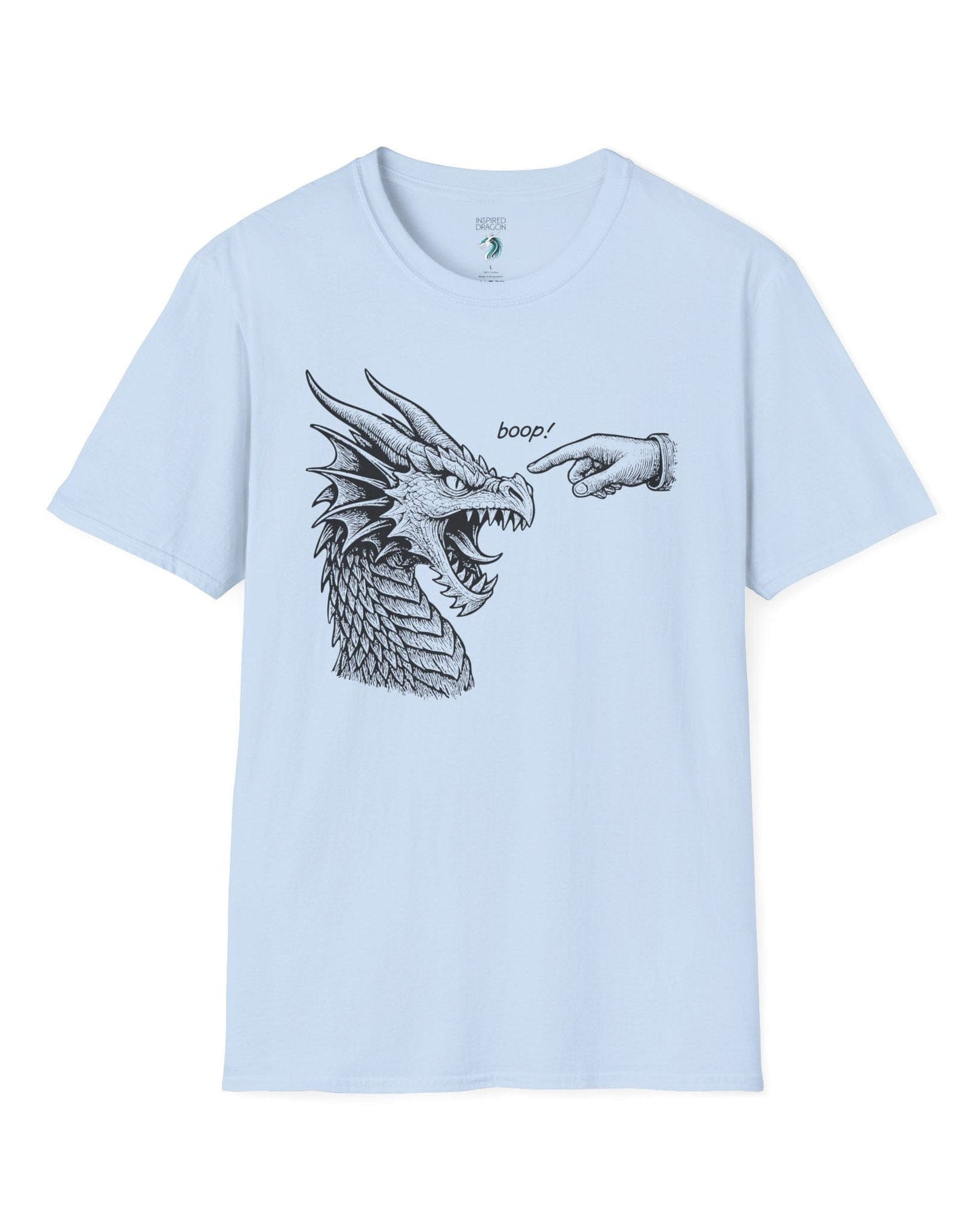 Boop! shirt in light blue featuring a detailed snarling dragon being playfully tapped on the nose by a pointing hand.