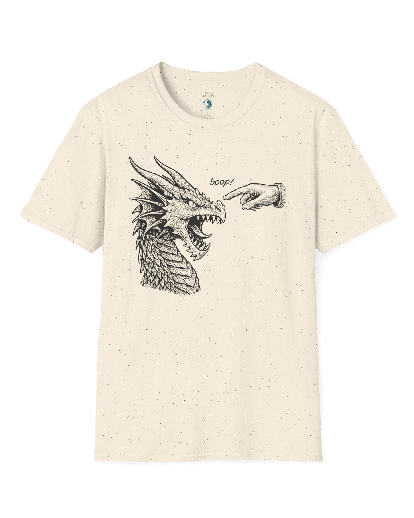 Boop! shirt in natural featuring a detailed snarling dragon being playfully tapped on the nose by a pointing hand.