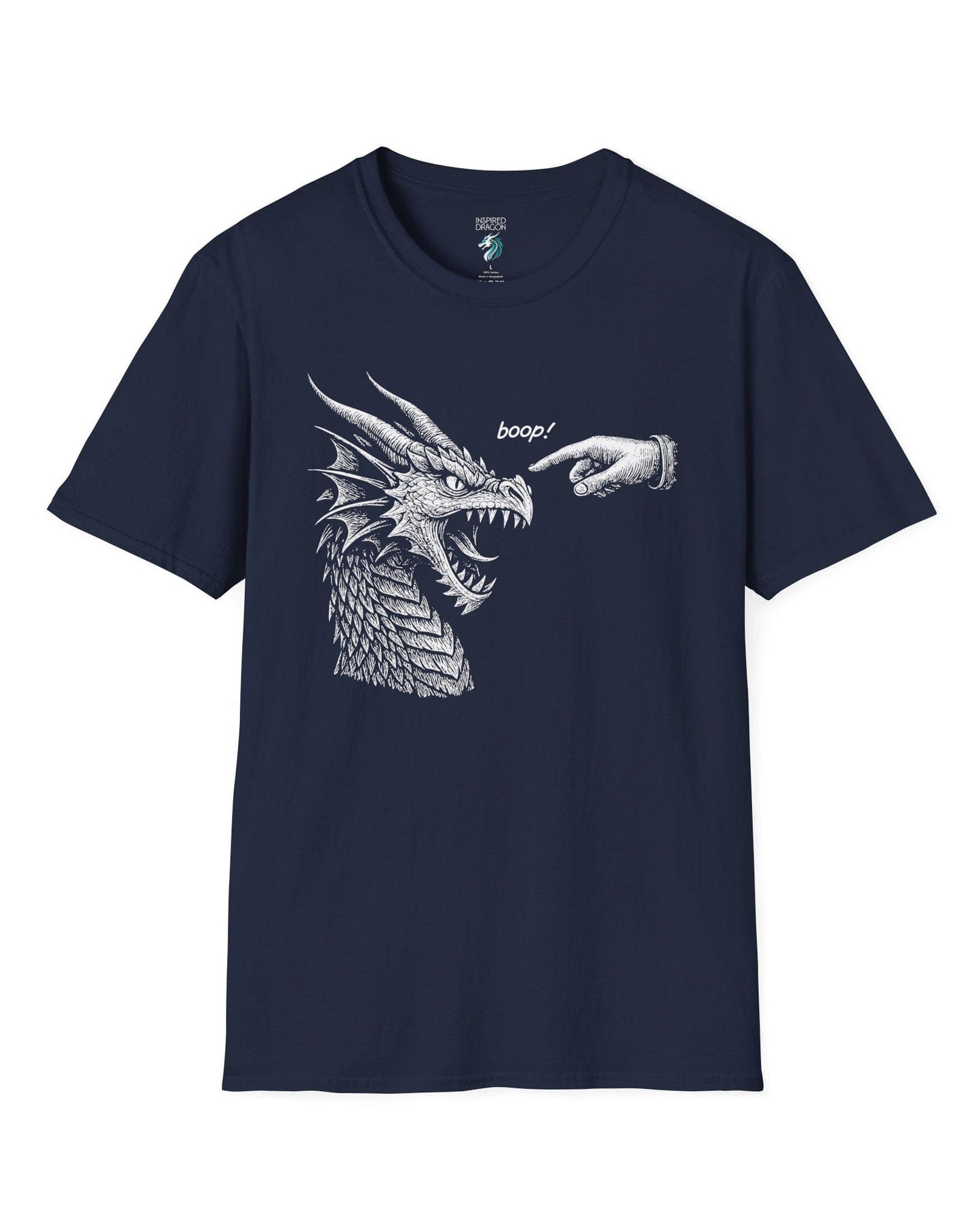 Boop! shirt in navyfeaturing a detailed snarling dragon being playfully tapped on the nose by a pointing hand.