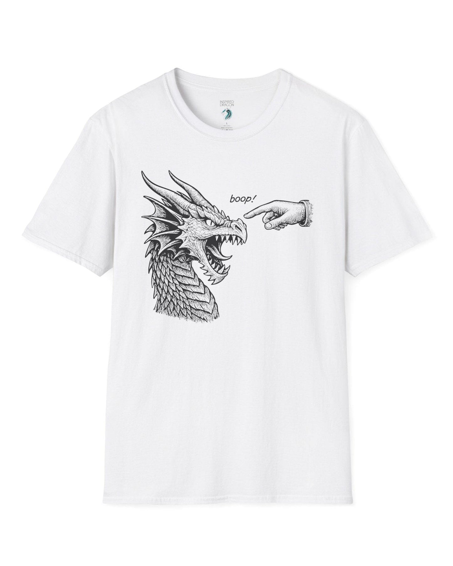Boop! shirt in white featuring a detailed snarling dragon being playfully tapped on the nose by a pointing hand.
