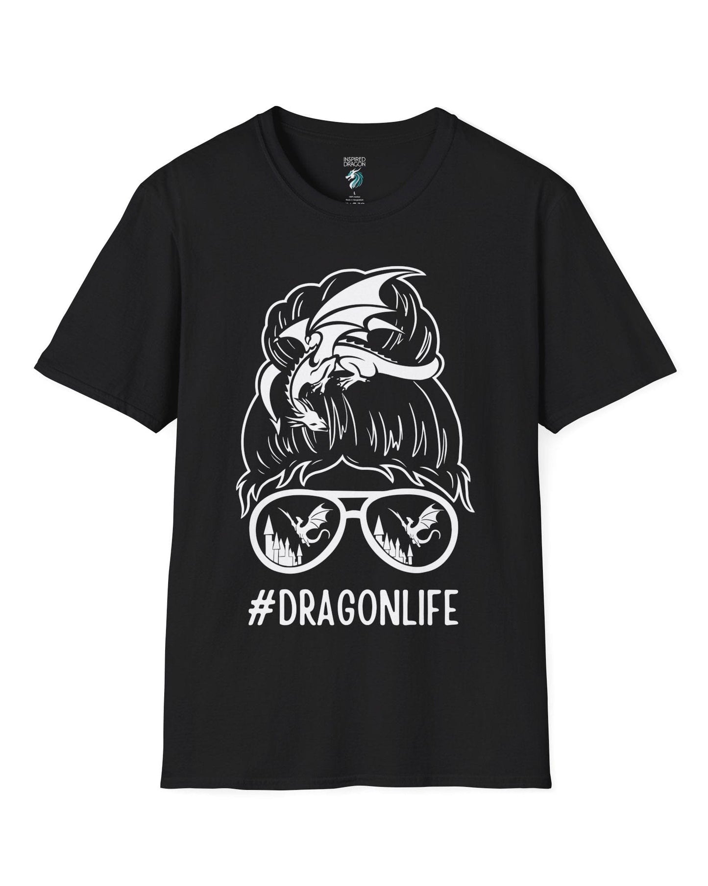 Dragon Life shirt in black featuring a messy bun with a dragon wrapped around and sunglasses reflecting dragons.