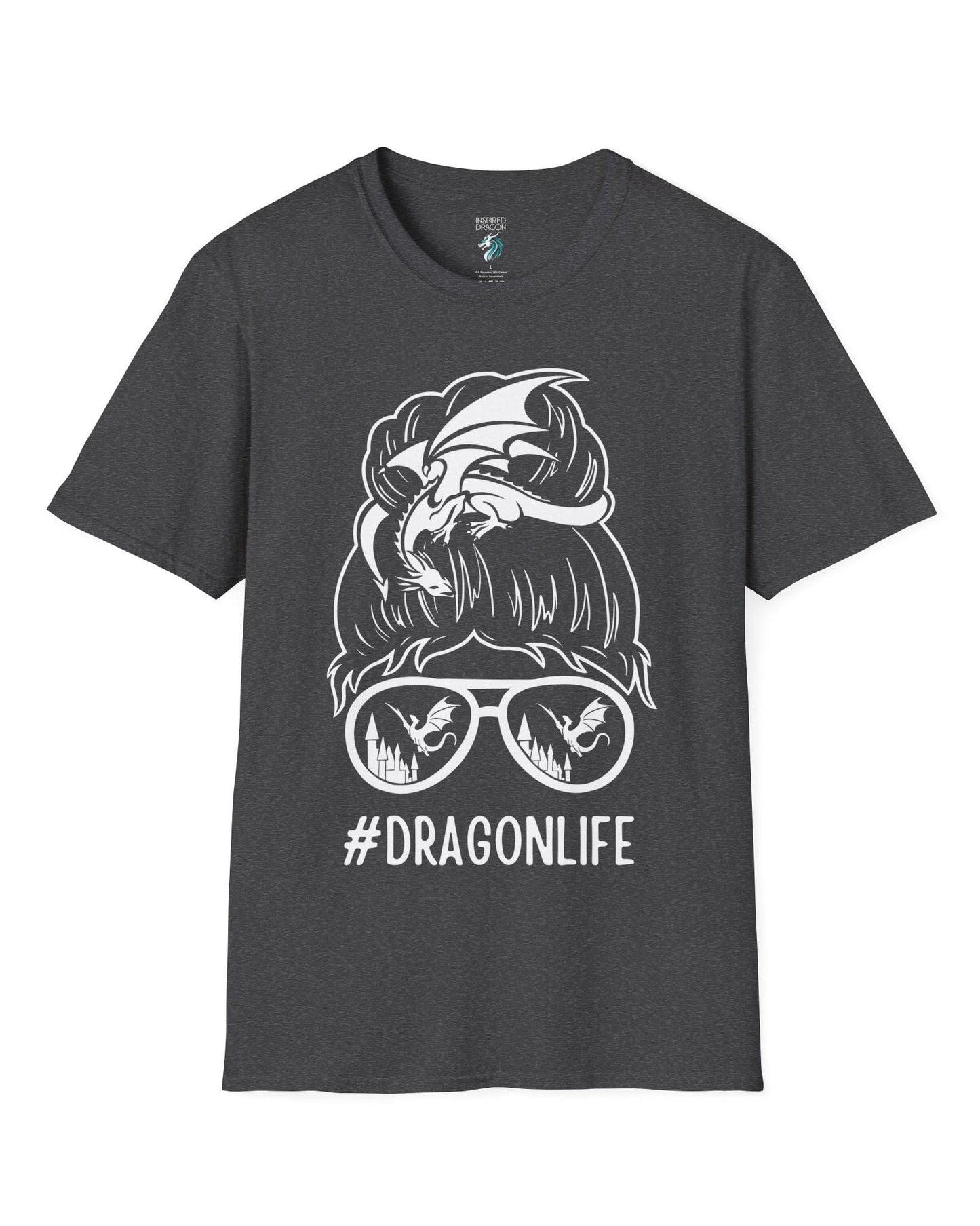 Dragon Life shirt in dark heather grey featuring a messy bun with a dragon wrapped around and sunglasses reflecting dragons.