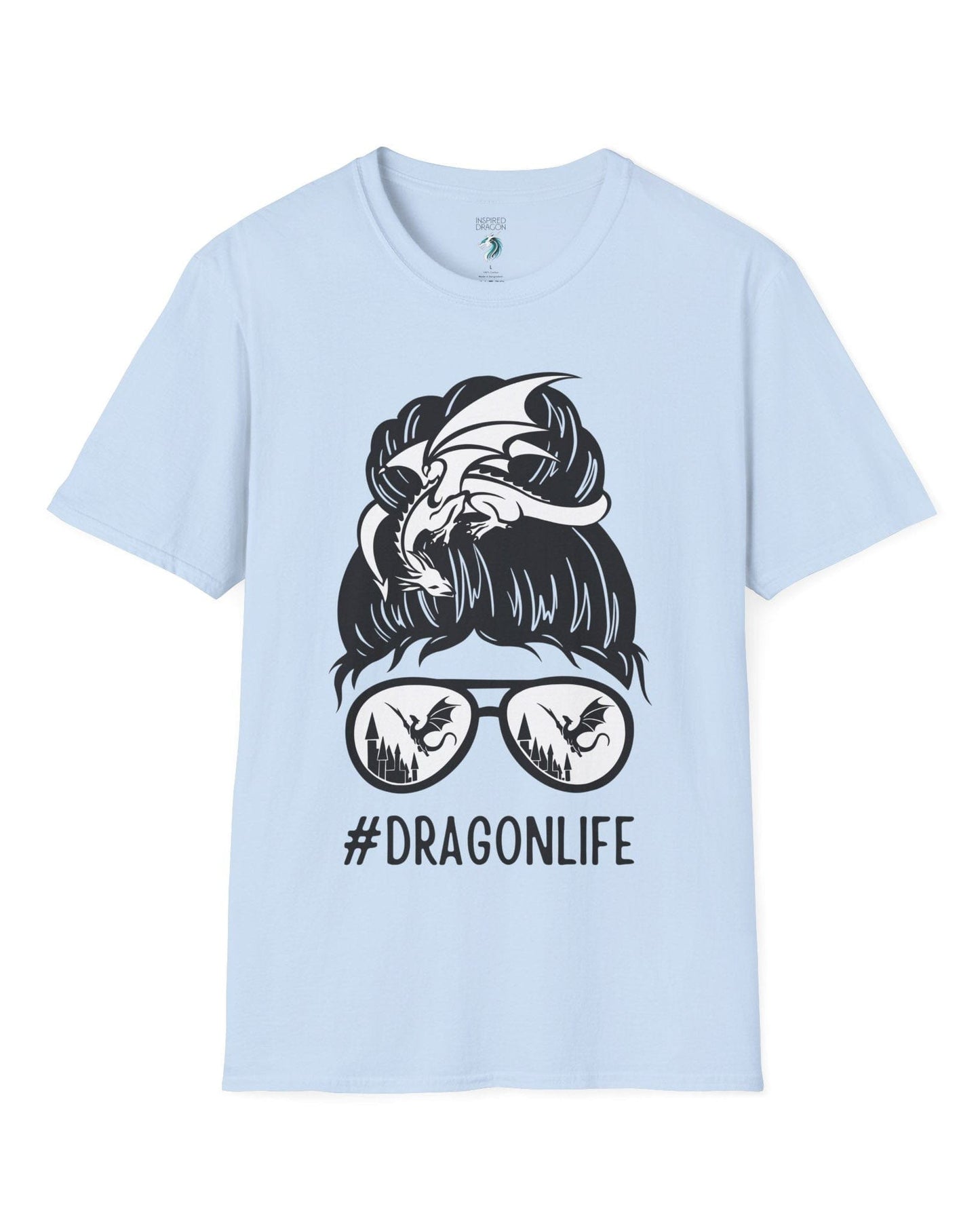 Dragon Life shirt in light blue featuring a messy bun with a dragon wrapped around and sunglasses reflecting dragons.