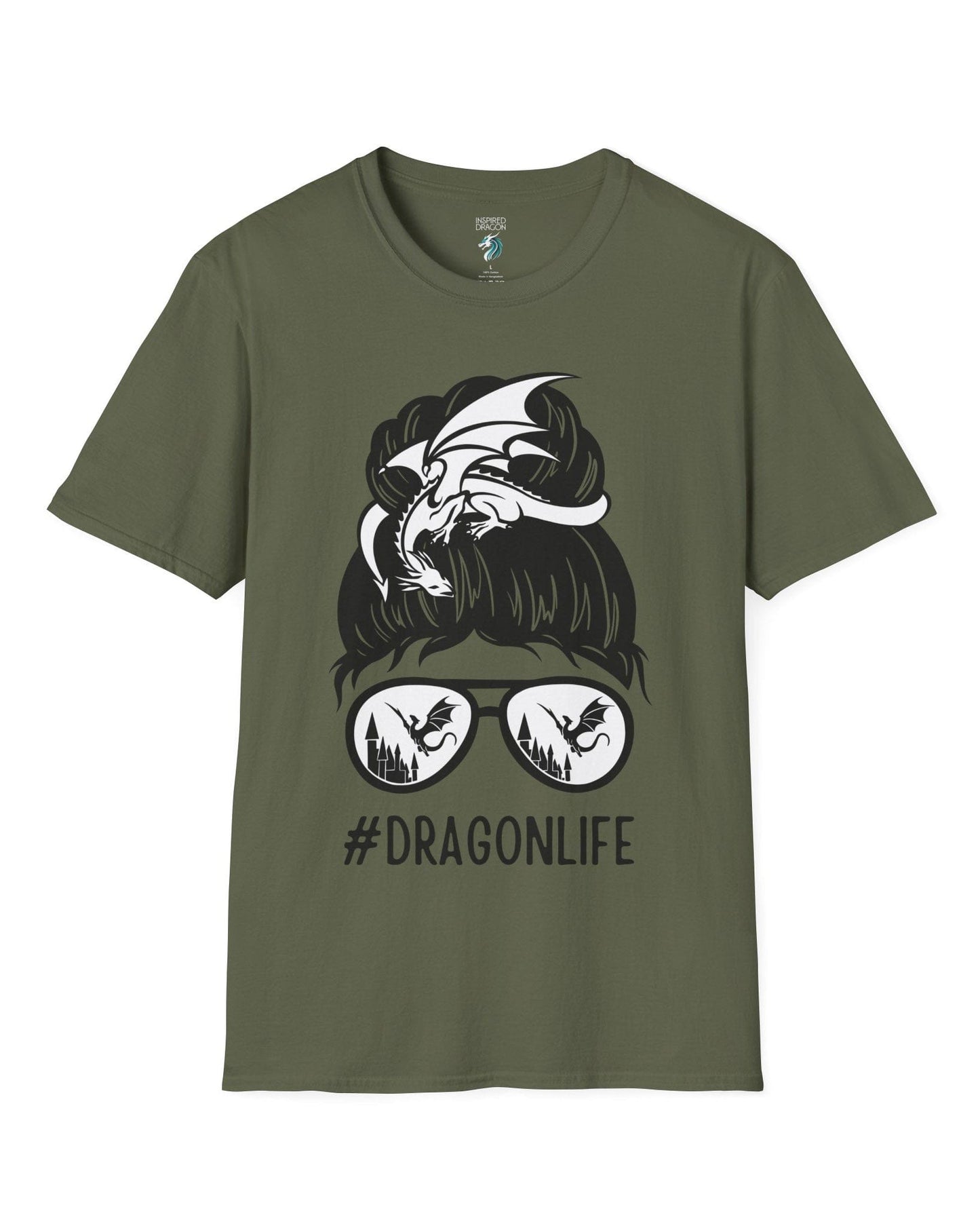 Dragon Life shirt in military green featuring a messy bun with a dragon wrapped around and sunglasses reflecting dragons.
