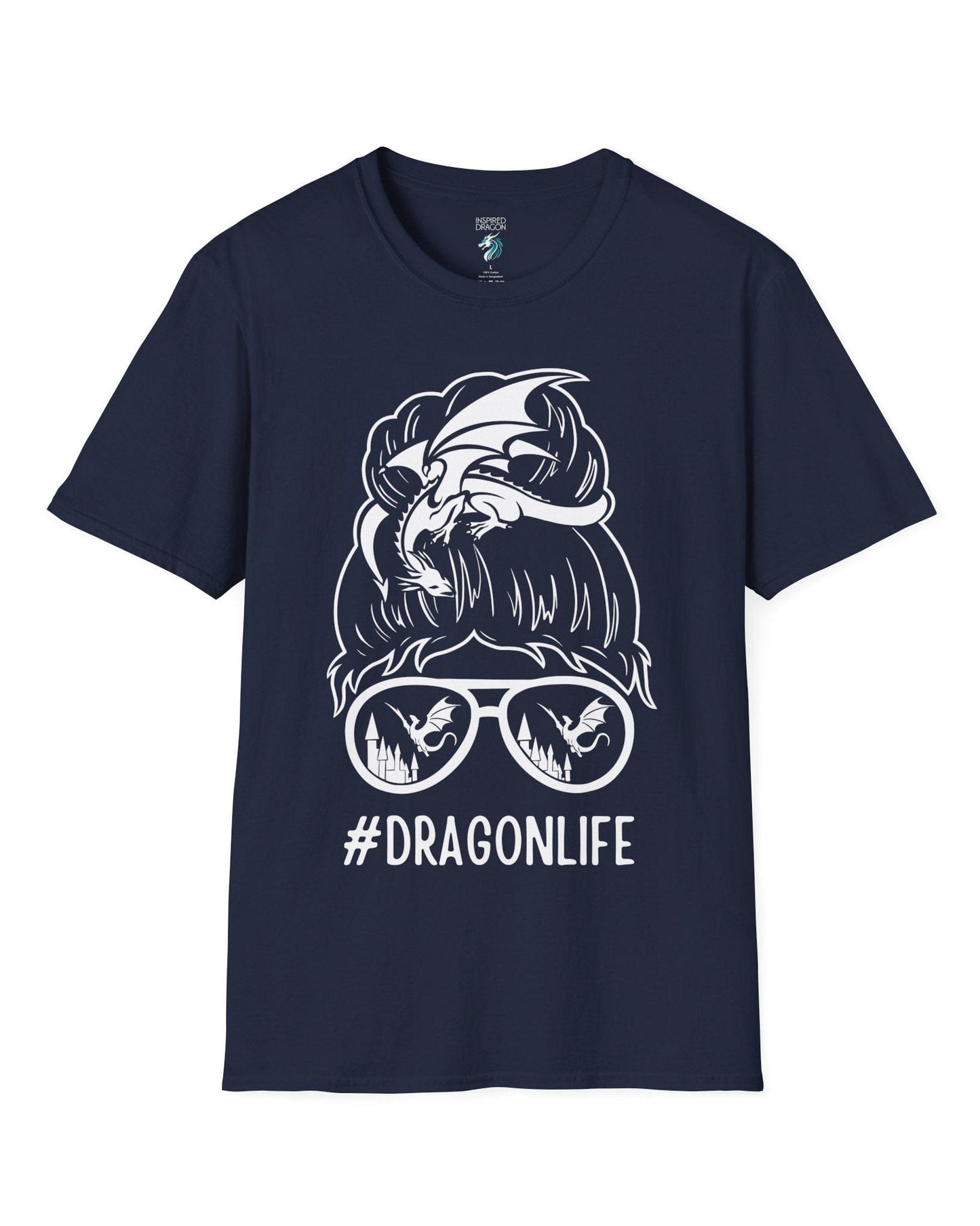 Dragon Life shirt in navy featuring a messy bun with a dragon wrapped around and sunglasses reflecting dragons.