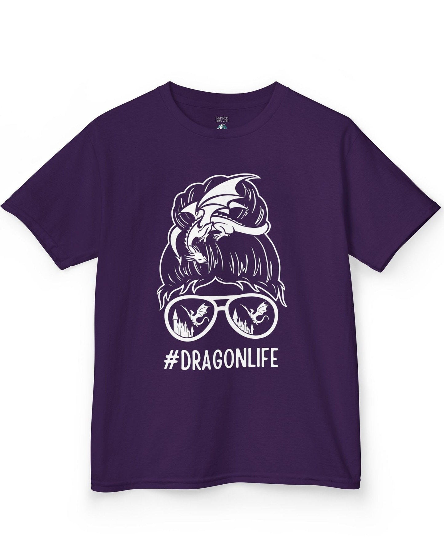 Dragon Life shirt in purple featuring a messy bun with a dragon wrapped around and sunglasses reflecting dragons.