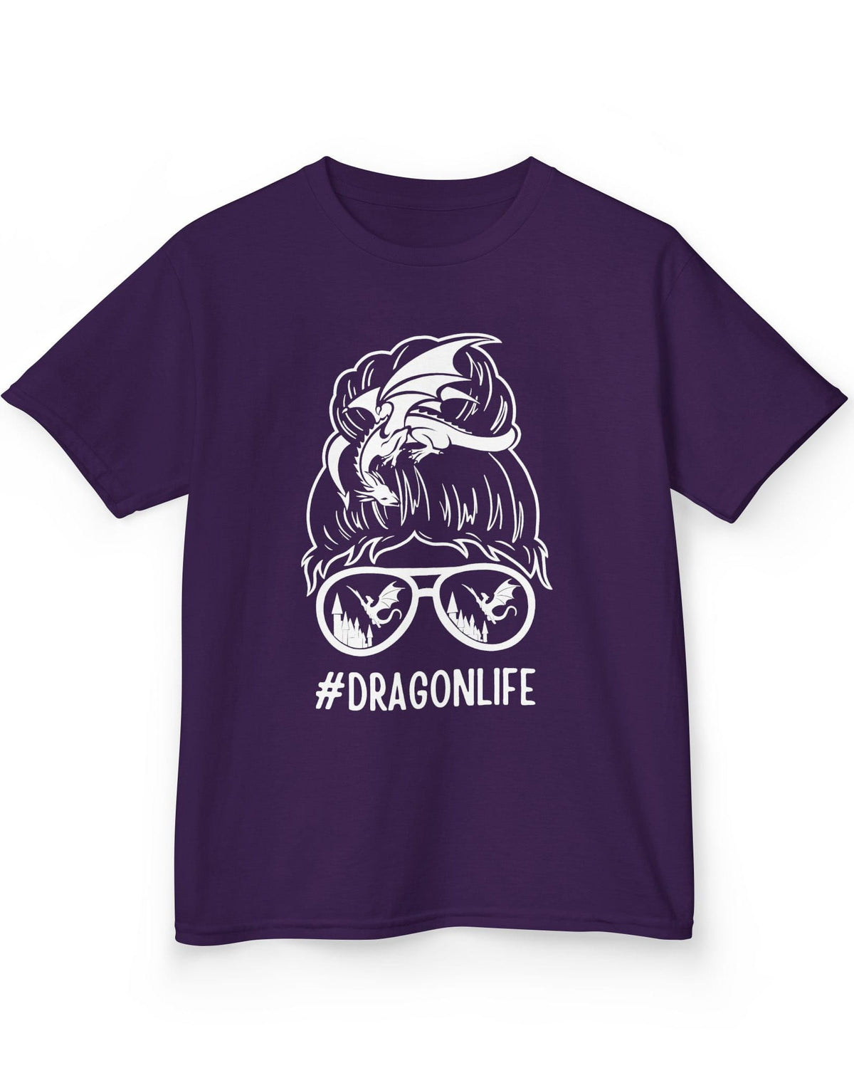 Dragon Life shirt in purple featuring a messy bun with a dragon wrapped around and sunglasses reflecting dragons.
