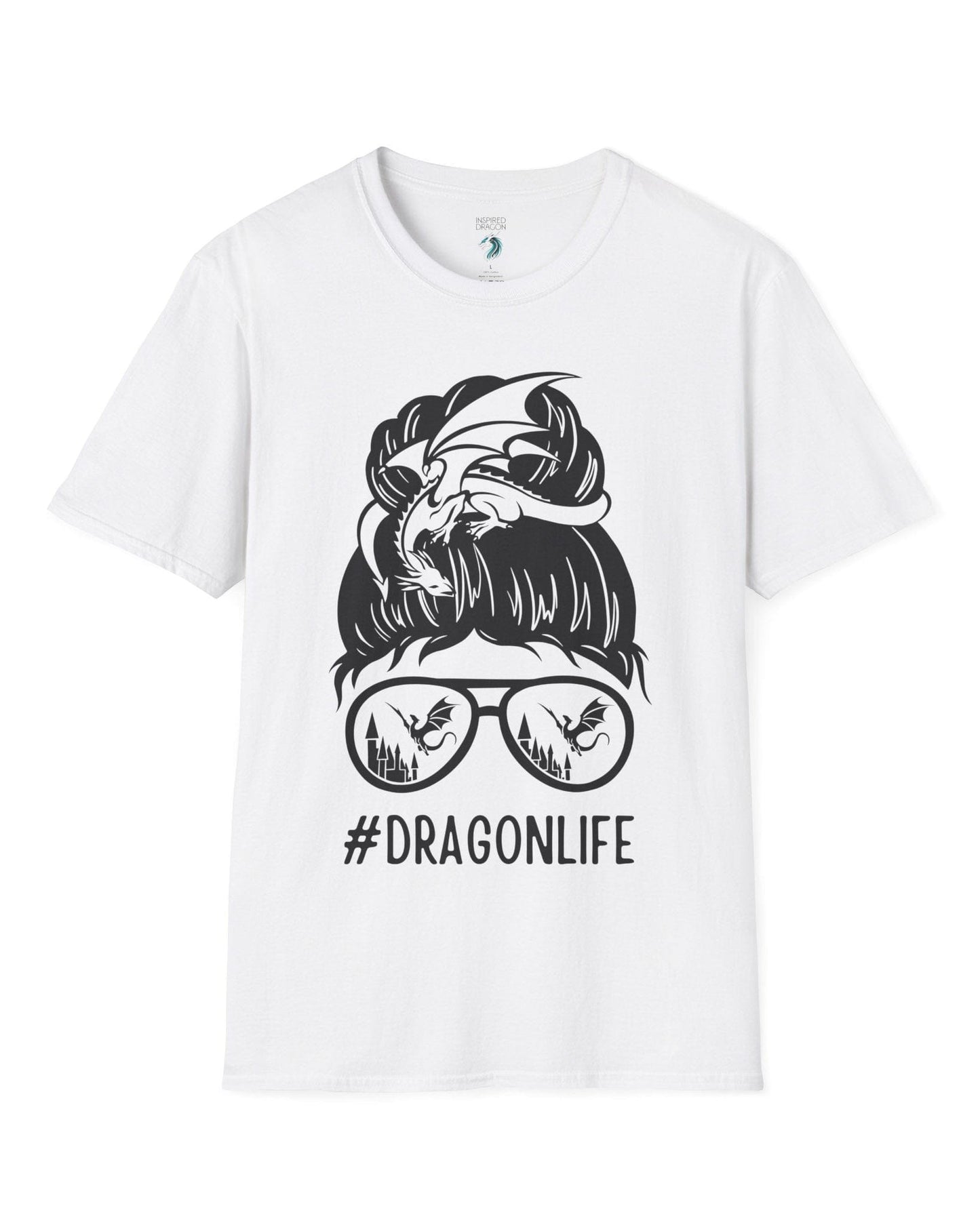 Dragon Life shirt in white featuring a messy bun with a dragon wrapped around and sunglasses reflecting dragons.