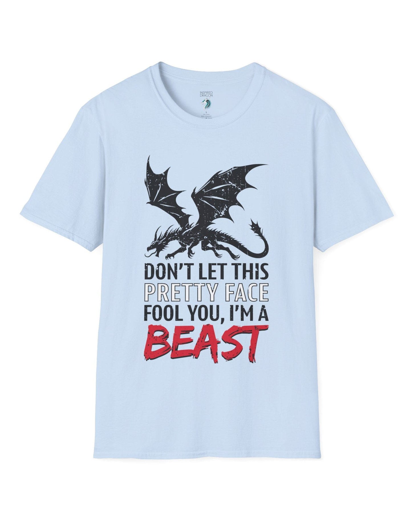 I'm a Beast shirt in light blue featuring a distressed dragon graphic with bold lettering.