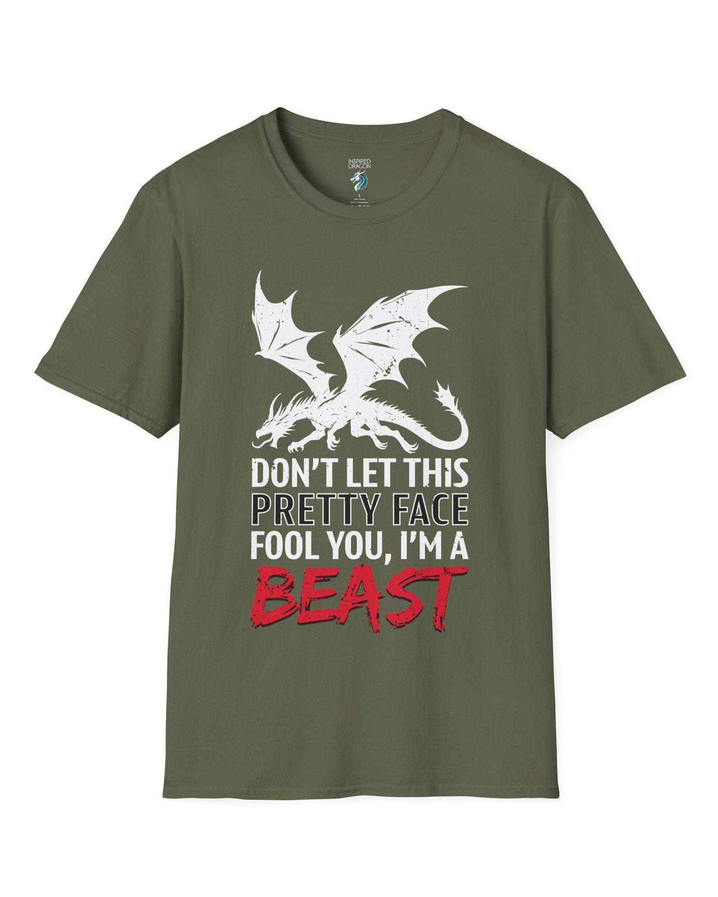 I'm a Beast shirt in military green featuring a distressed dragon graphic with bold lettering.