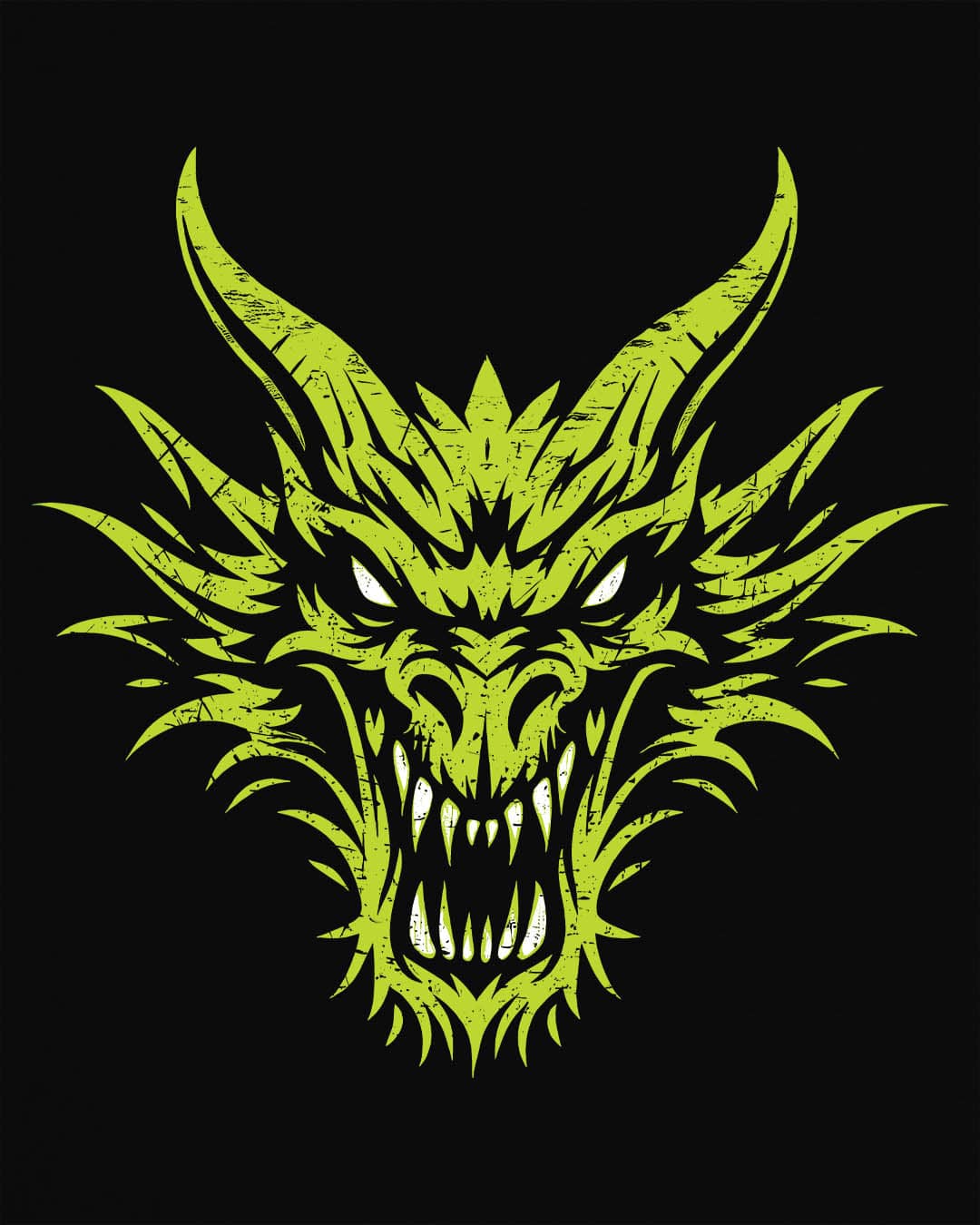 Out of the Shadows shirt in black featuring a distressed neon green dragon head with fierce glowing eyes.