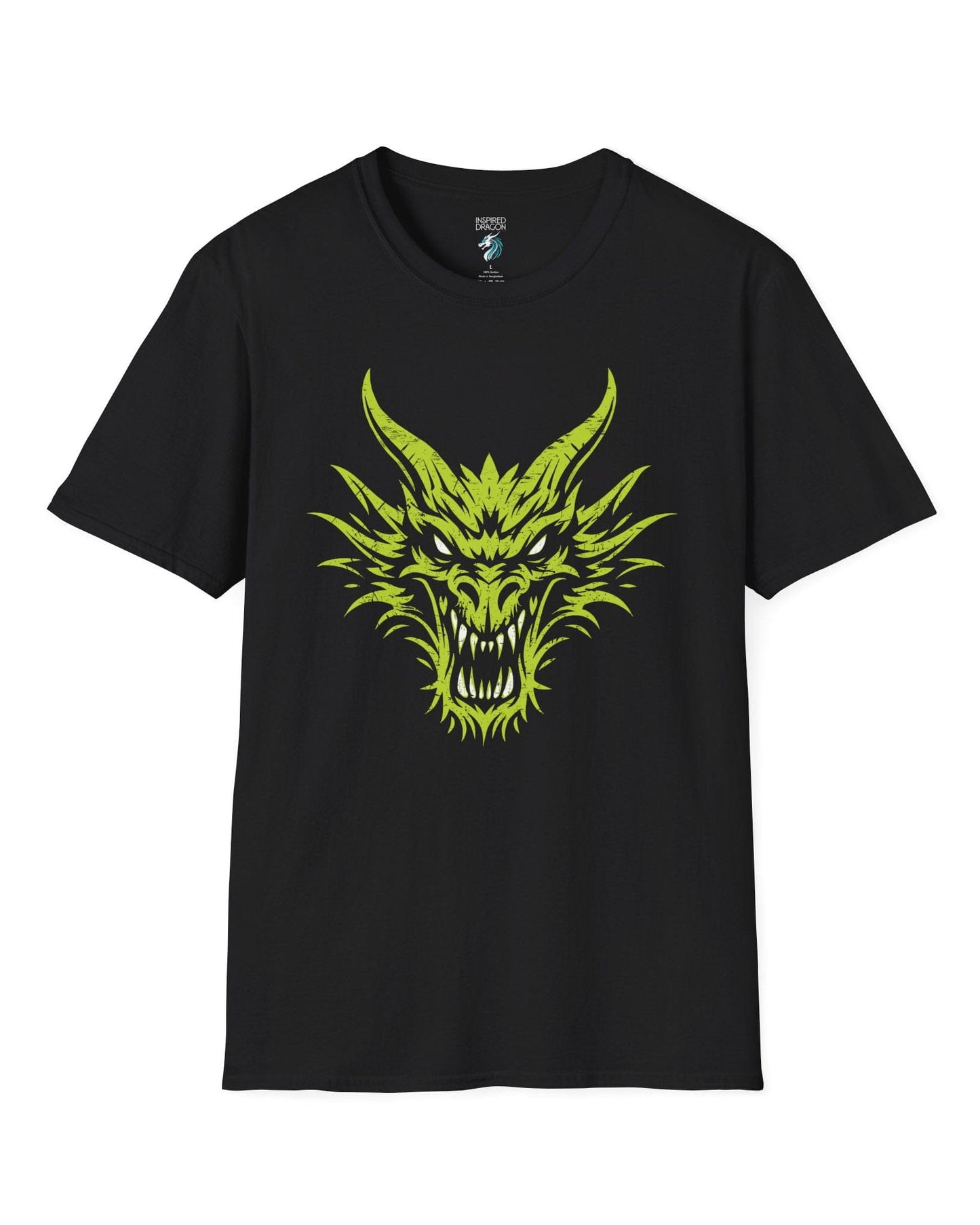 Out of the Shadows shirt in black featuring a distressed neon green dragon head with fierce glowing eyes.