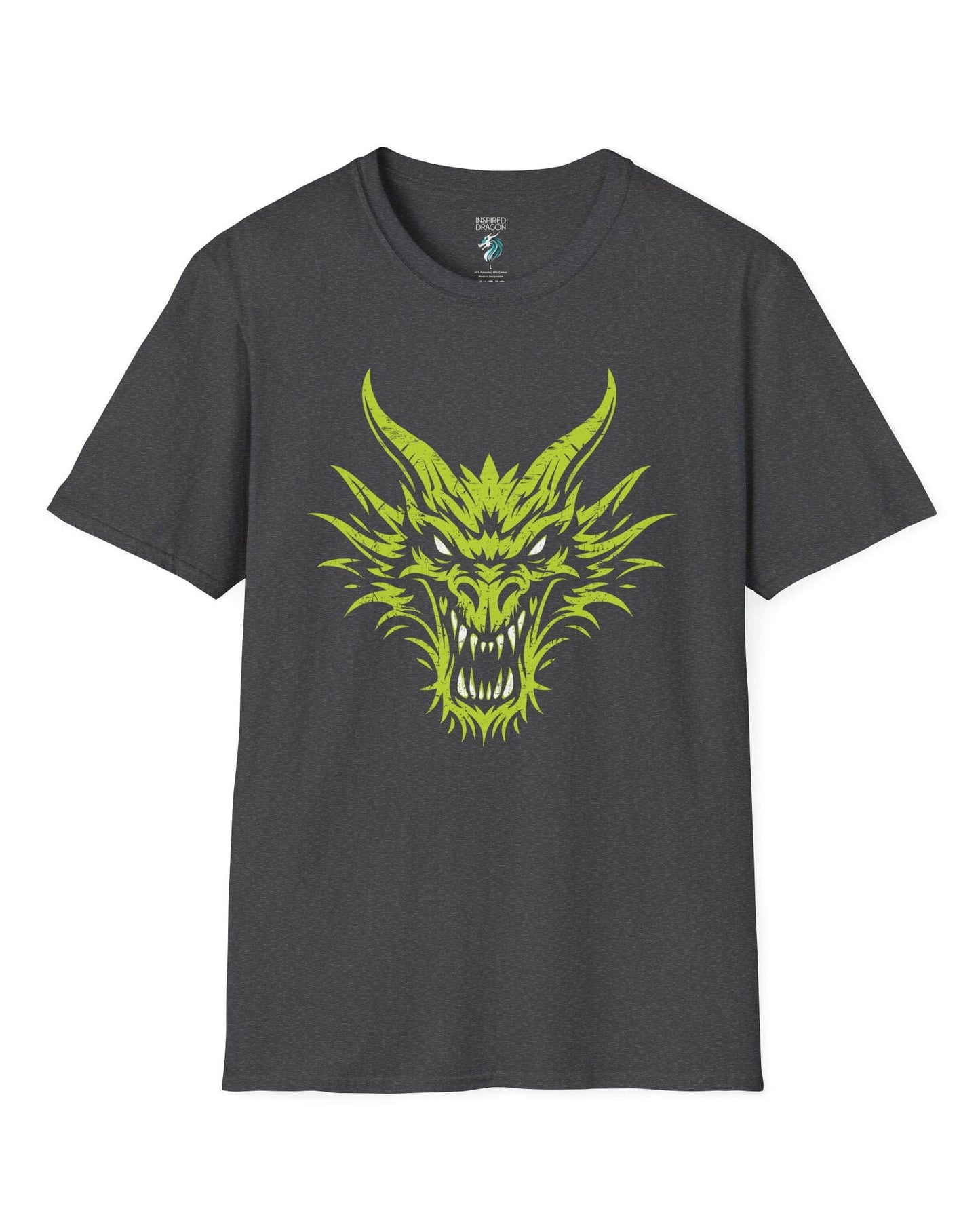 Out of the Shadows shirt in dark heather grey featuring a distressed neon green dragon head with fierce glowing eyes.